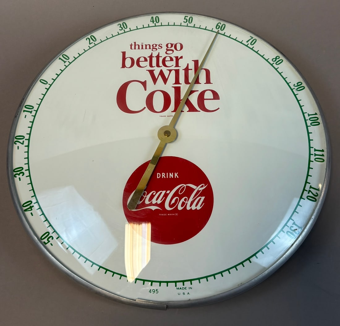 Coca-Cola Advertising Glass Face Thermometer Sign Things Go Better With Coke: Vintage Coca-Cola advertising dial thermometer featuring the slogan ?Things Go Better With Coke? above a red Coca-Cola script logo center, circular glass-covered face with green temperature scale rang