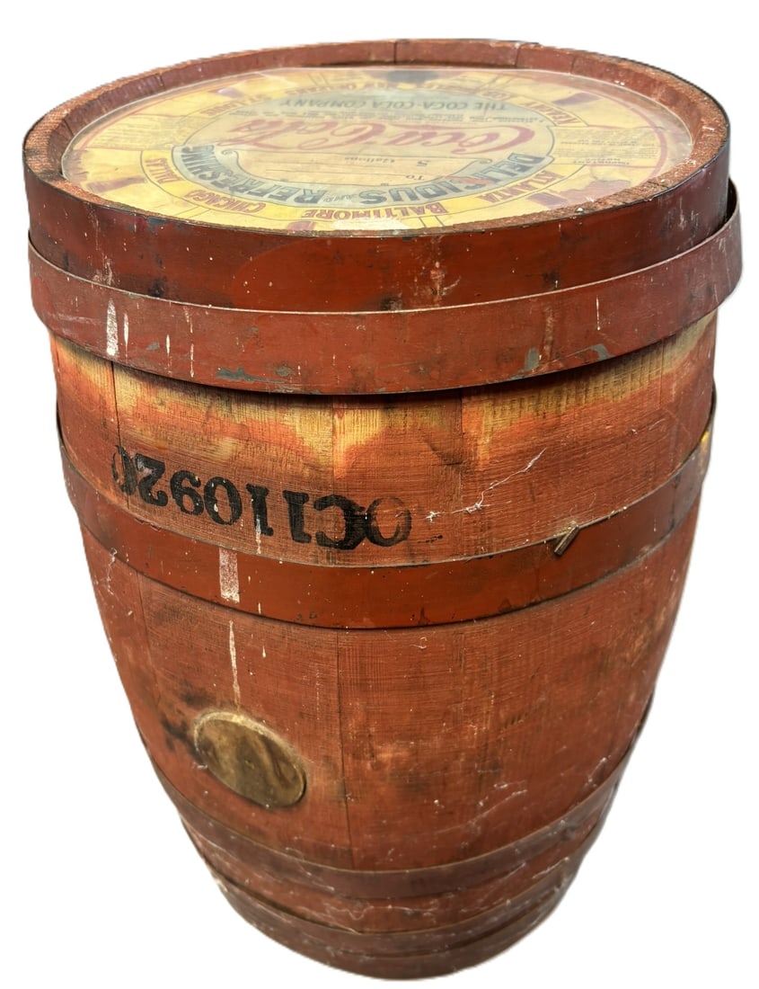 Antique Coca Cola 5 Gallon Syrup Wooden Barrel Keg w Original Lid Label: Antique Coca-Cola 5 gallon syrup barrel constructed of staved wood with original paper lid label reading ?Delicious and Refreshing Coca-Cola? and marked for The Coca-Cola Company, Wilmington, Delaware