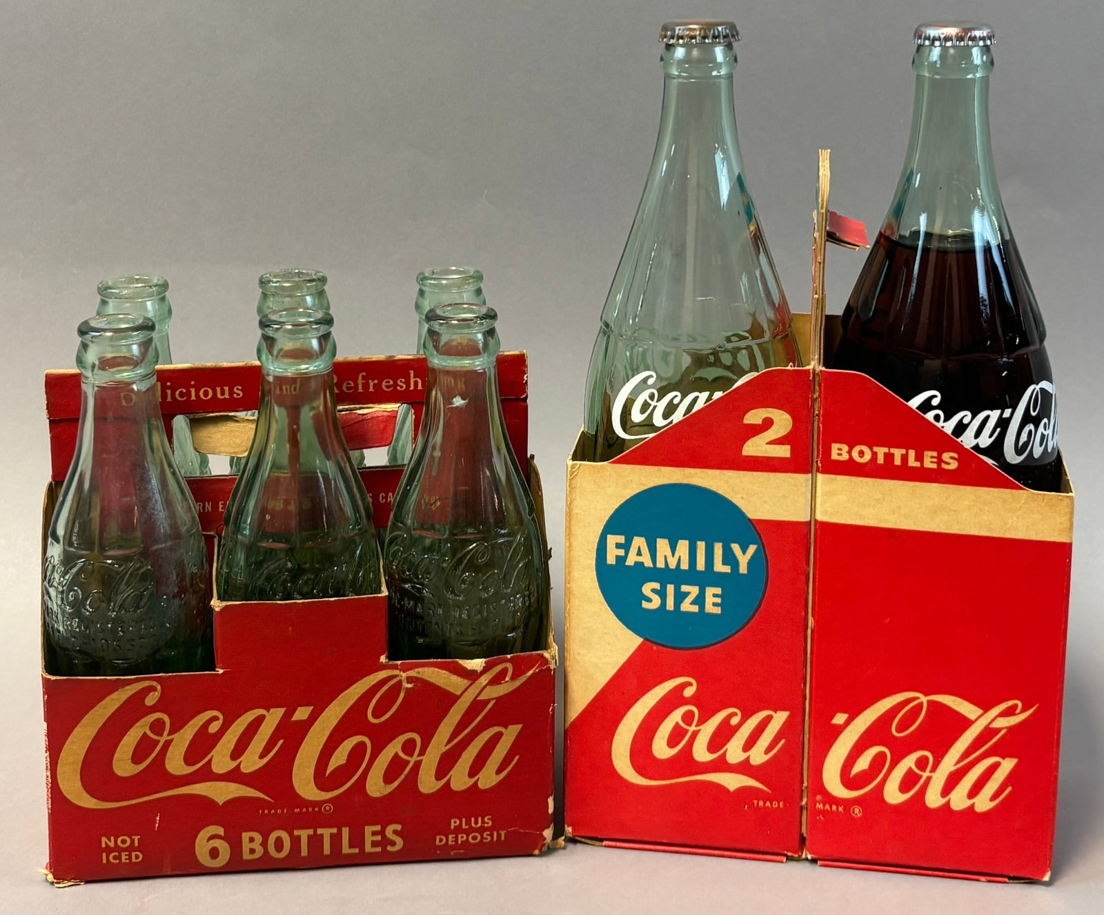 Pair Cardboard Coca Cola Carriers w/ Bottles 6 Pack & Family Size Liters: See all photos