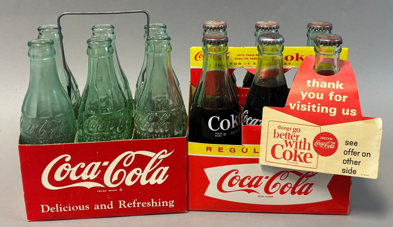 Pair Original Cardboard 6 Pack Carriers w/ Bottles Full COKE Fishtail & Topper: See all photos