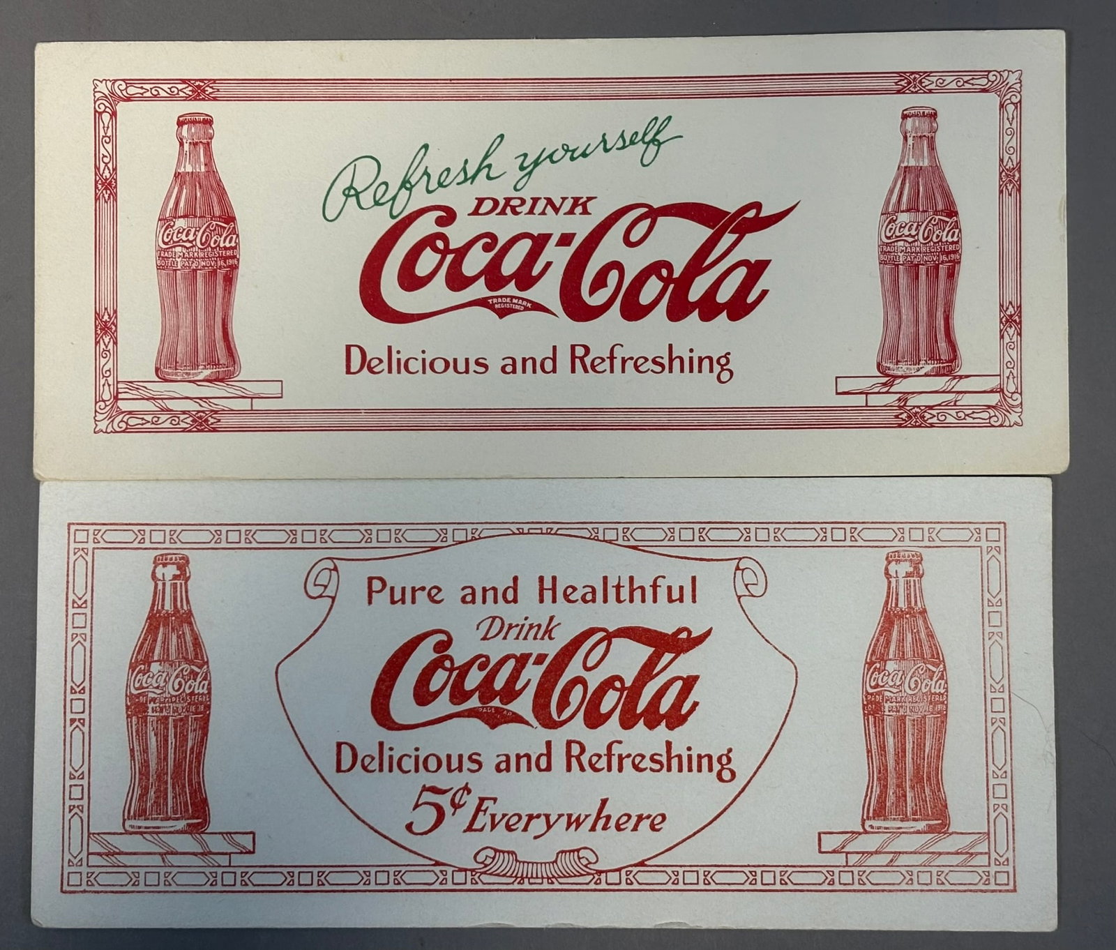 Pair Original Drink Coca Cola 5 Cent Everywhere Ink Blotters: High Grade condition - late 1910s.