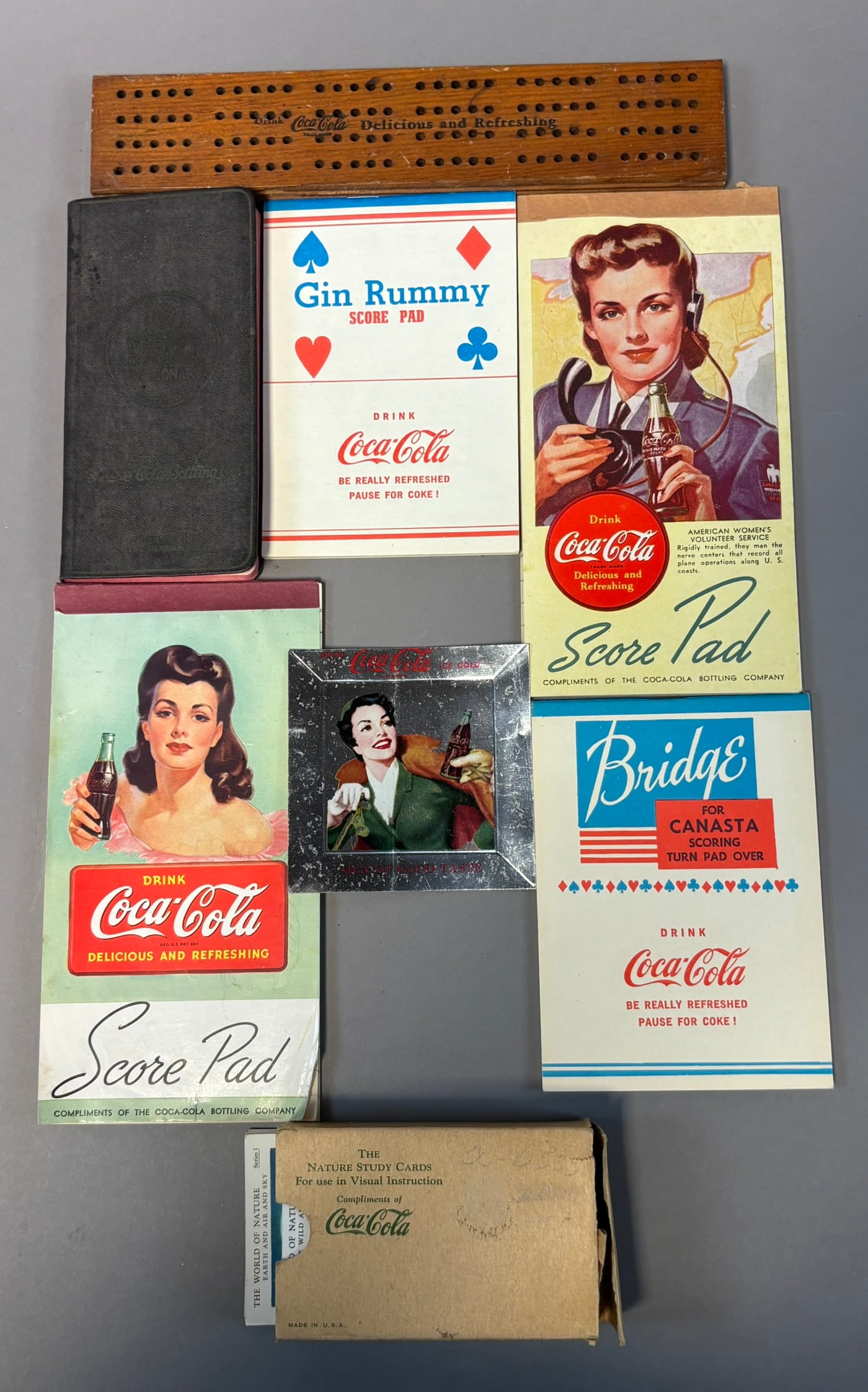 Lot 8 Original 50s Coca Cola Advertising Items Gin Rummy Score Pad Cards: See all photos