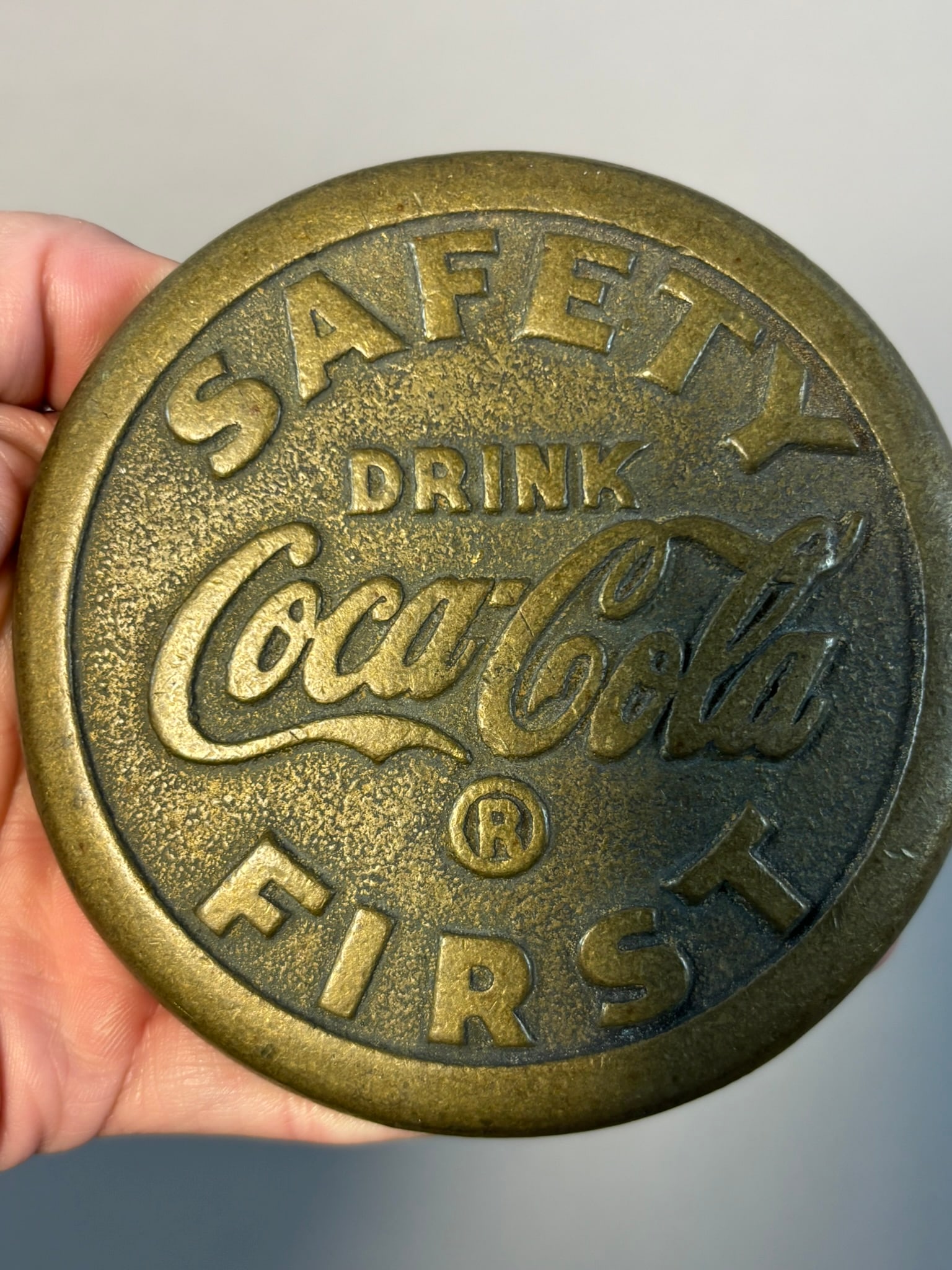 Antique Drink Coca Cola Safety First 4" Brass Sidewalk Markers: 4"