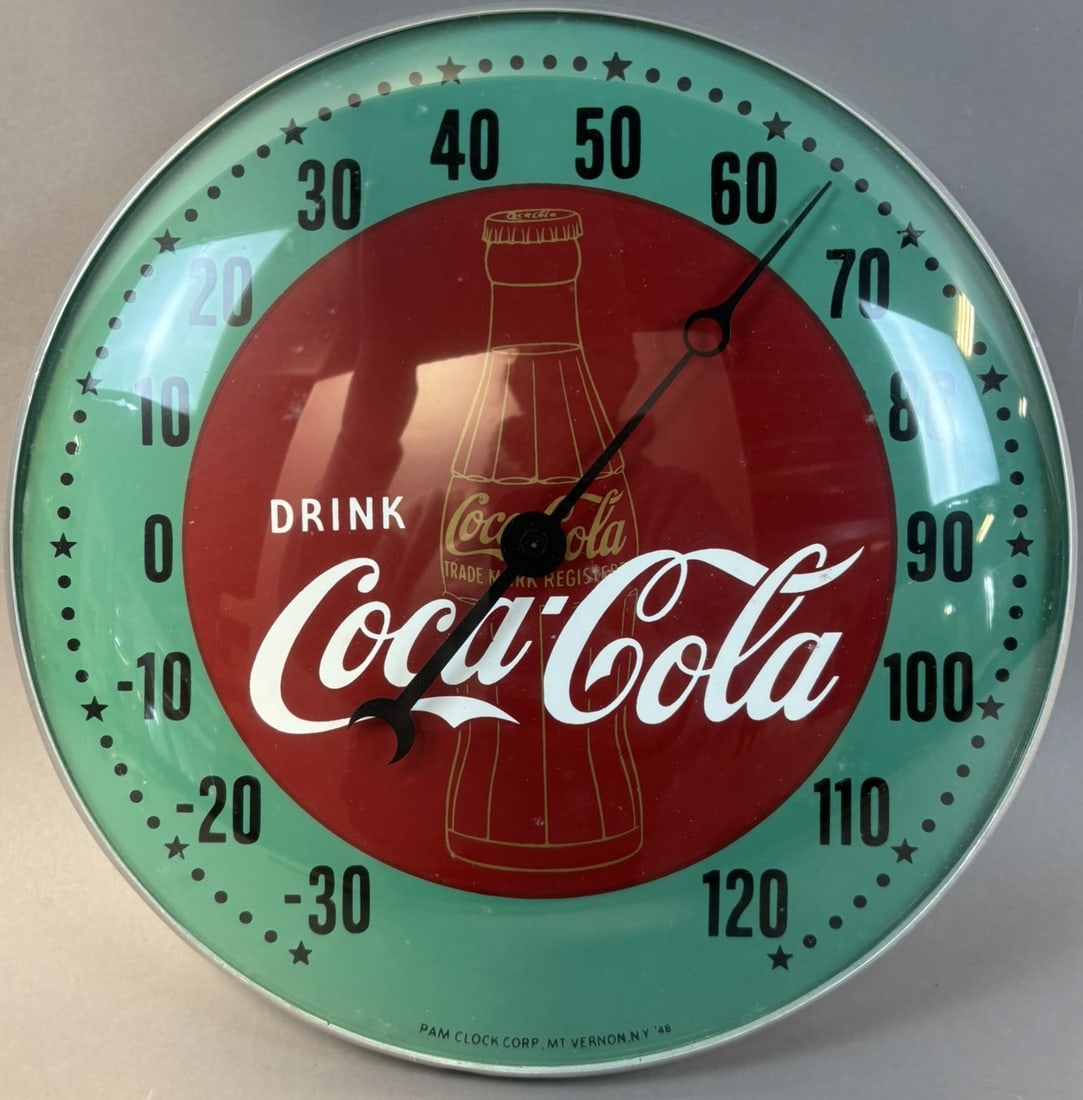 1948 Drink Coca Cola Original Pam Clock Glass Face 12" Thermometer Sign: See all photos