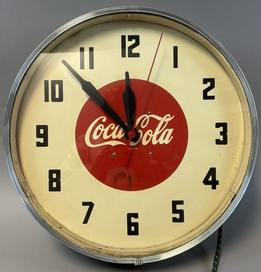 1940s Era Original Coca Cola Electric 16" Advertising Clock WORKS: Works great - 16.5" diameter x 4.5" thick