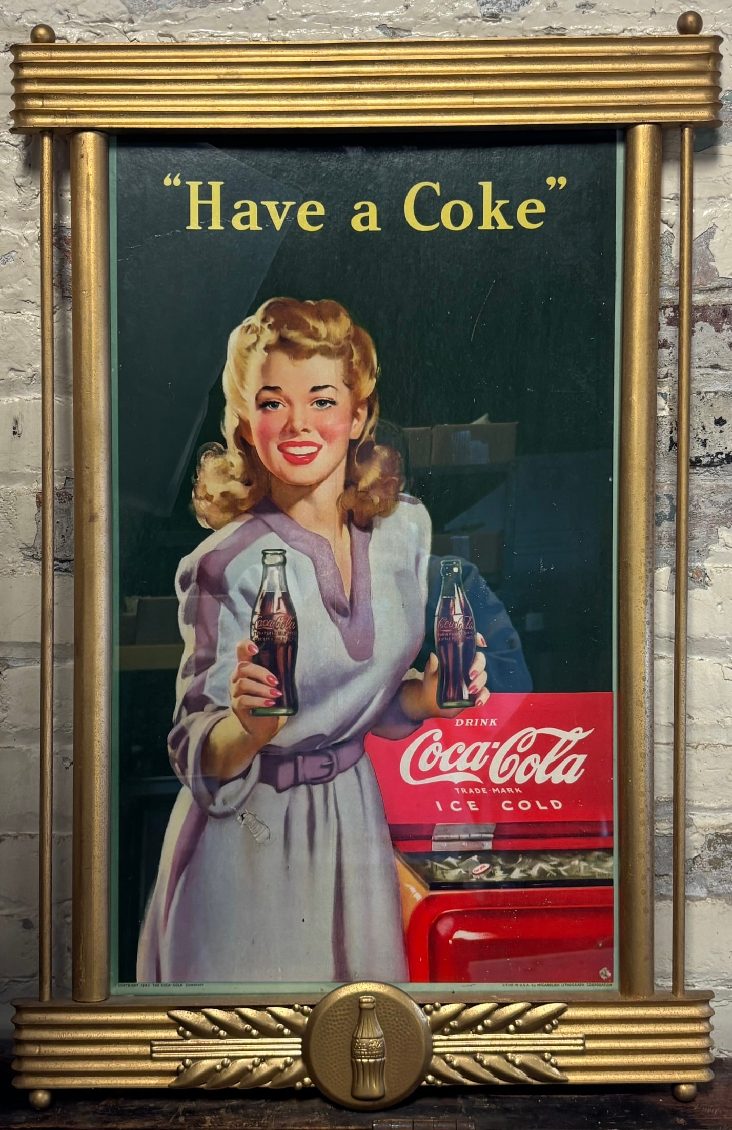 1943 "Have A Coke" Original WW2 Era Cardboard Sign w/ Original Kay Frame: 33" X 21"