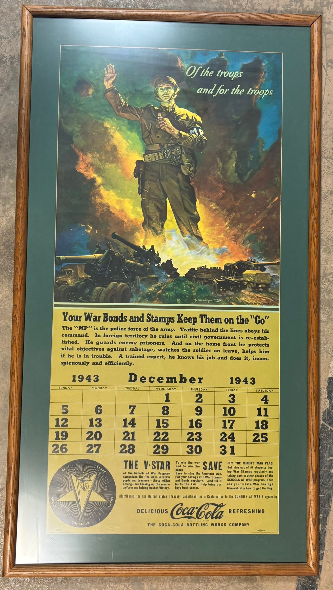 December 1943 War Bonds Coca Cola Framed & Matted Advertising Calendar (1 of 15)