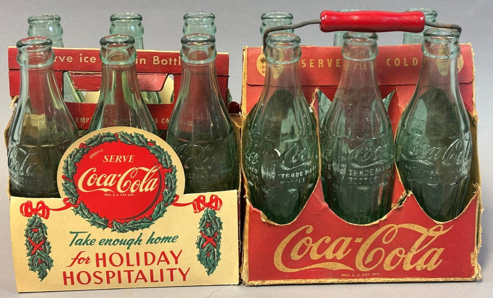 Pair Original Cardboard 6 Pack Carriers Holiday Hospitality w/ Glass Bottles: See all photos