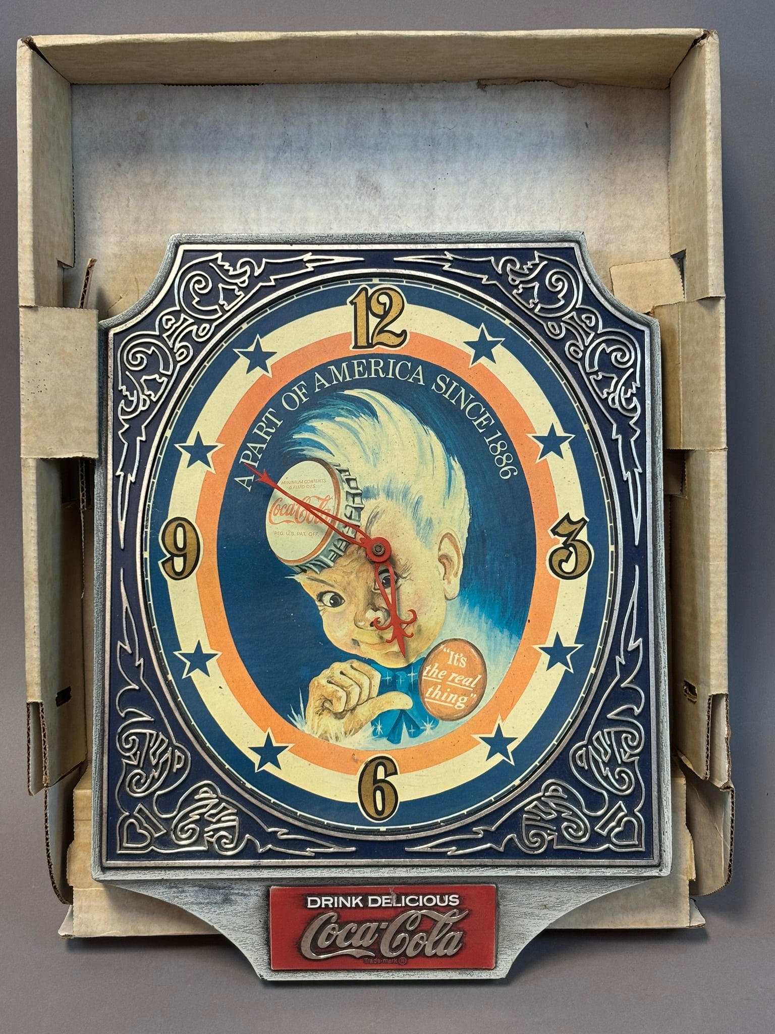 Original Plastic Drink Delicious Coca Cola Advertising Clock w/ Sprite Boy & Box: See all photos
