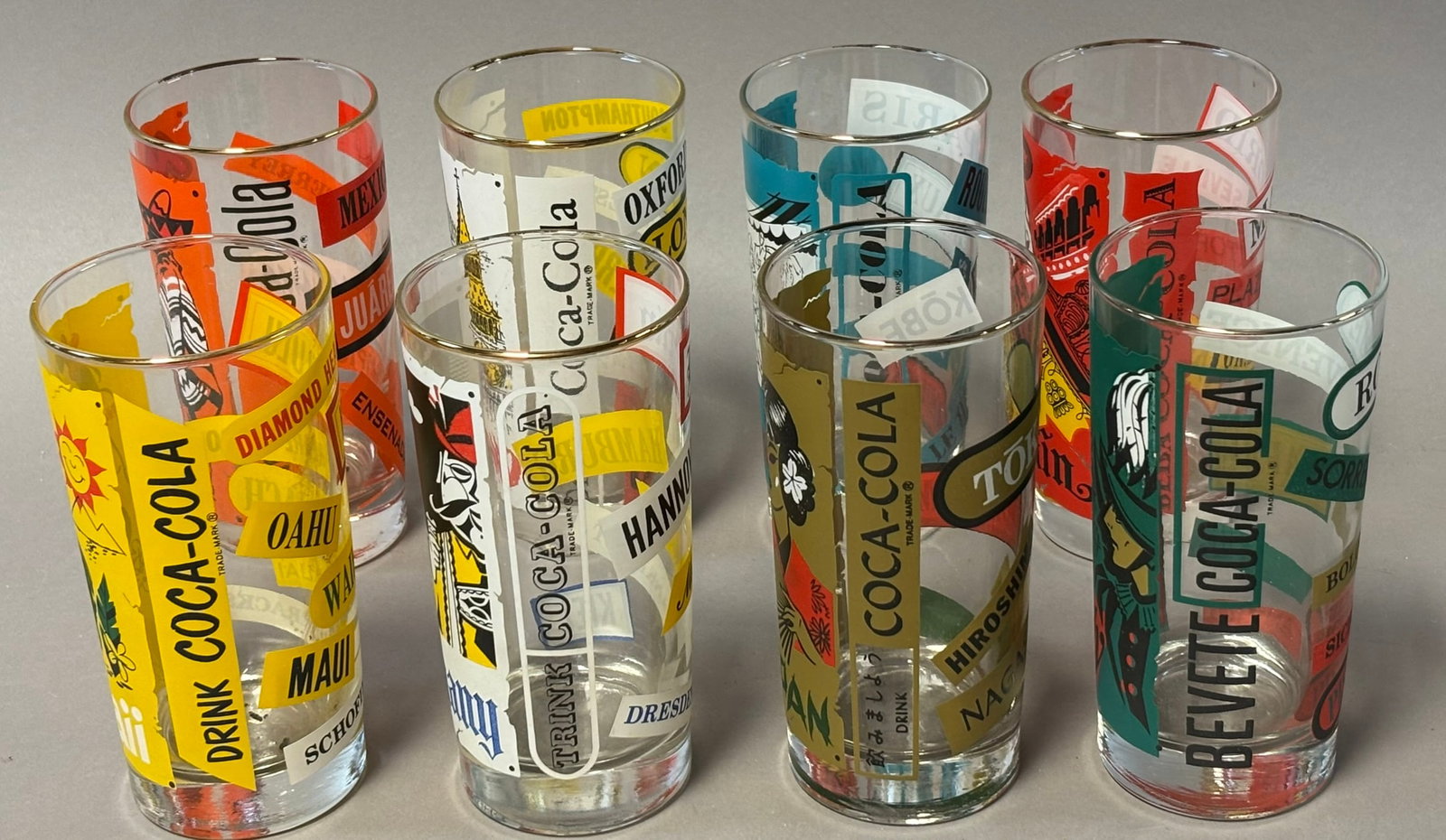 Lot 8 Original Coca Cola Advertising Tall Whiskey Tumbler Drinking Glasses: See all photos