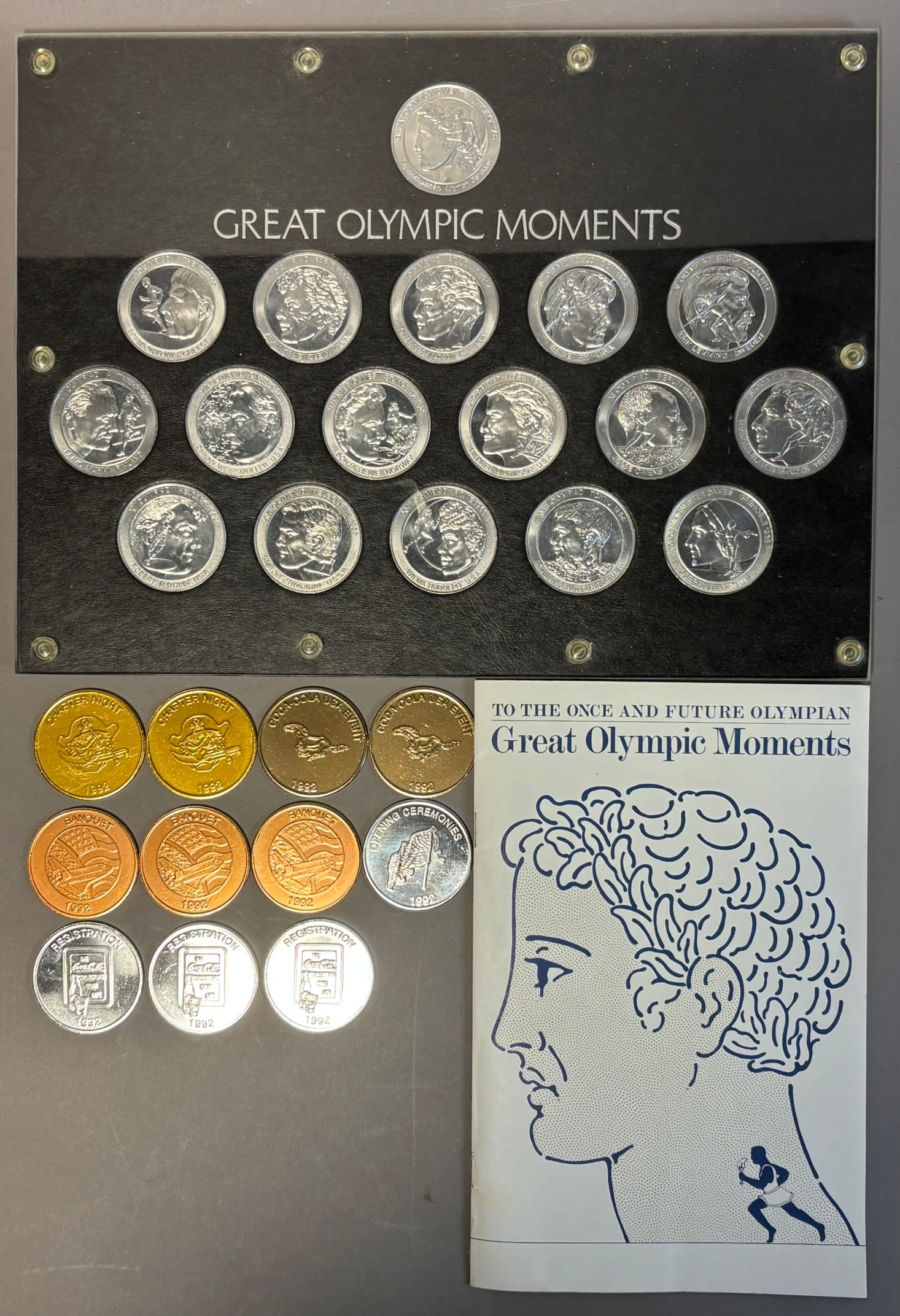 Lot 13 Original Coca Cola Olympian Olympic Moments Book & Advertising Coins: See all photos