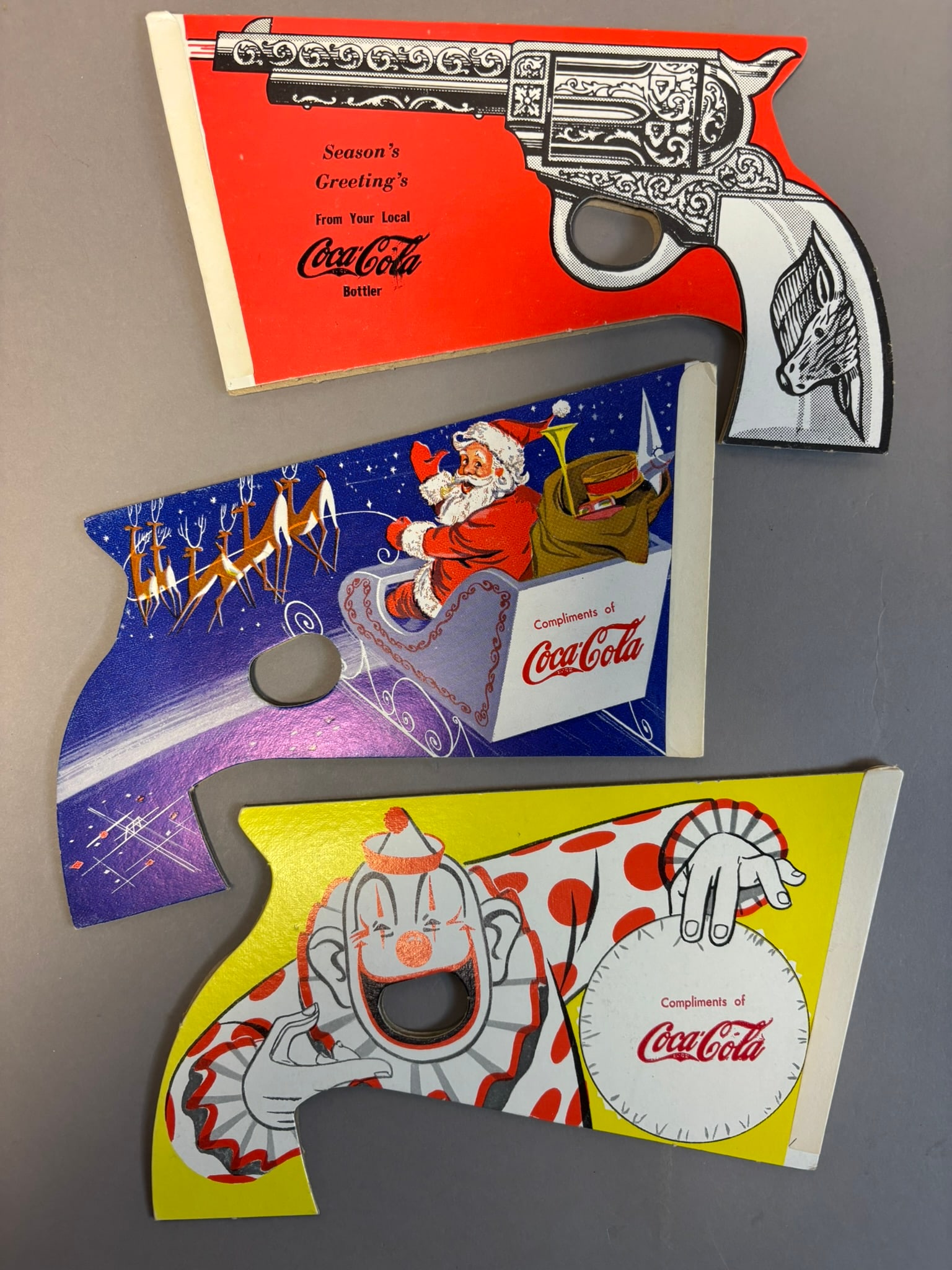 Lot 3 Original Coca Cola Clown Santa & Gun Related Toy Paper Advertising Guns: See all photos