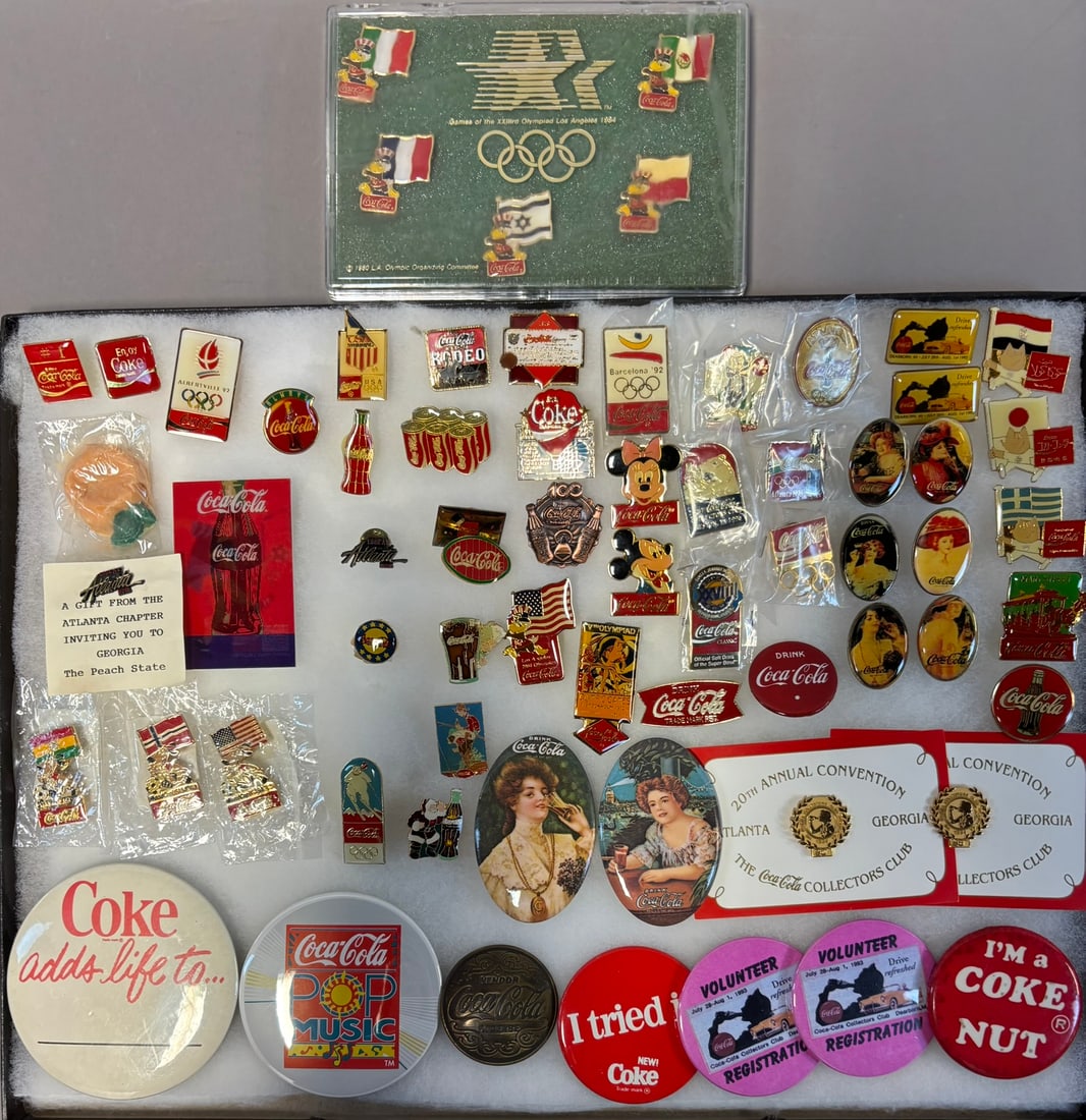 Vintage Lot 65 Original Coca Cola Pinback Buttons & Enamel Advertising Badges: See all photos