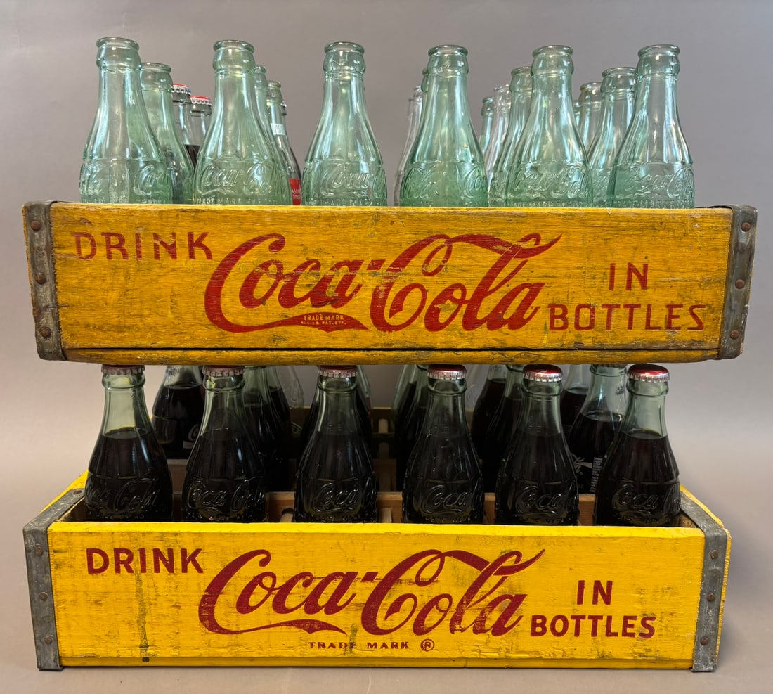 Pair Coca Cola Wooden Advertising Soda Pop Crates w/ Full Bottles: See all photos