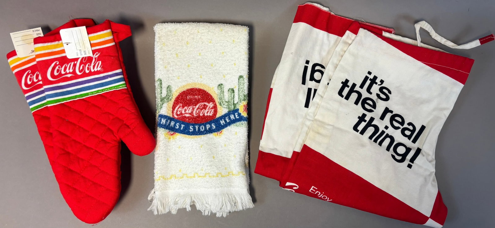 Lot 4 Vintage Coca Cola Kitchen Cooking Mittens Baking Towels & Real Thing Pants: See all photos