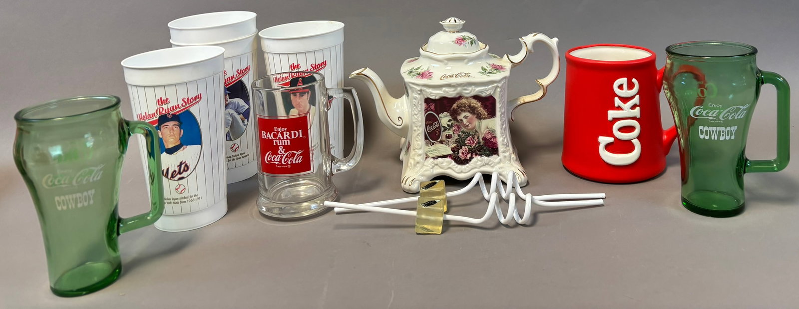 Lot 11 Original Coca Cola Advertising Cups Mugs Straws Tea Pot: See all photos