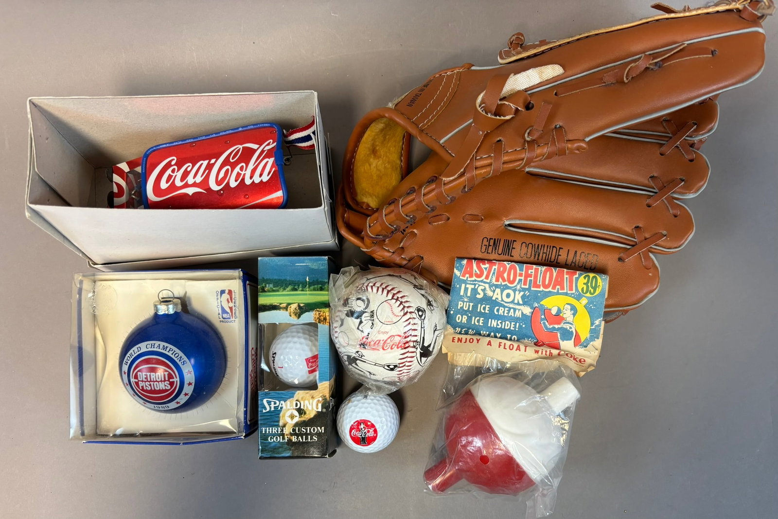 7 Piece Lot Coca Cola Advertising Items Baseball Glove Toy Pistons Ornament: See all photos
