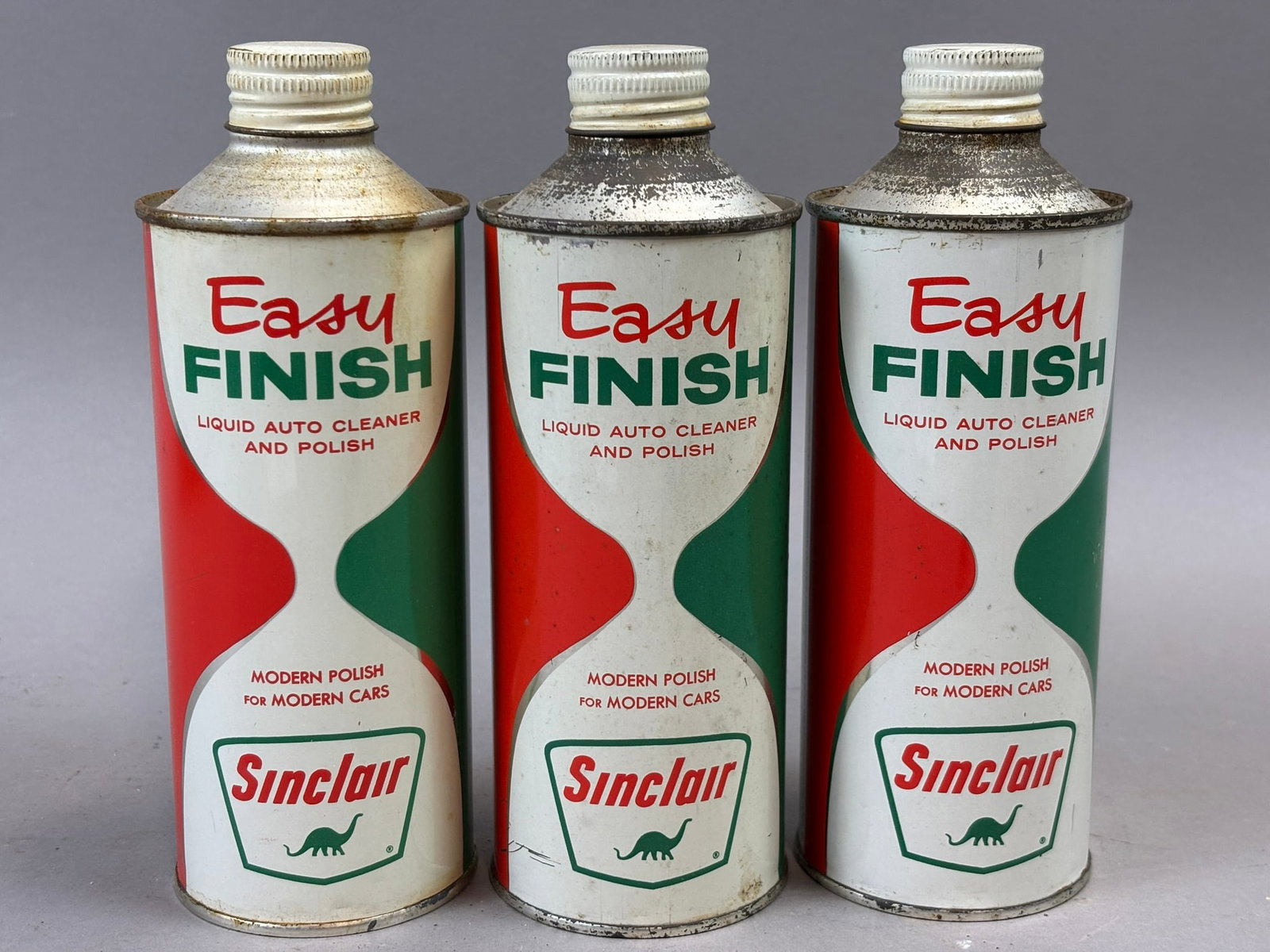 Lot 3 Sinclair 1960s Easy Finish Cone Top Auto Cleaner & Polish Cans Full: 2.5" x 7.5" - wear as shown