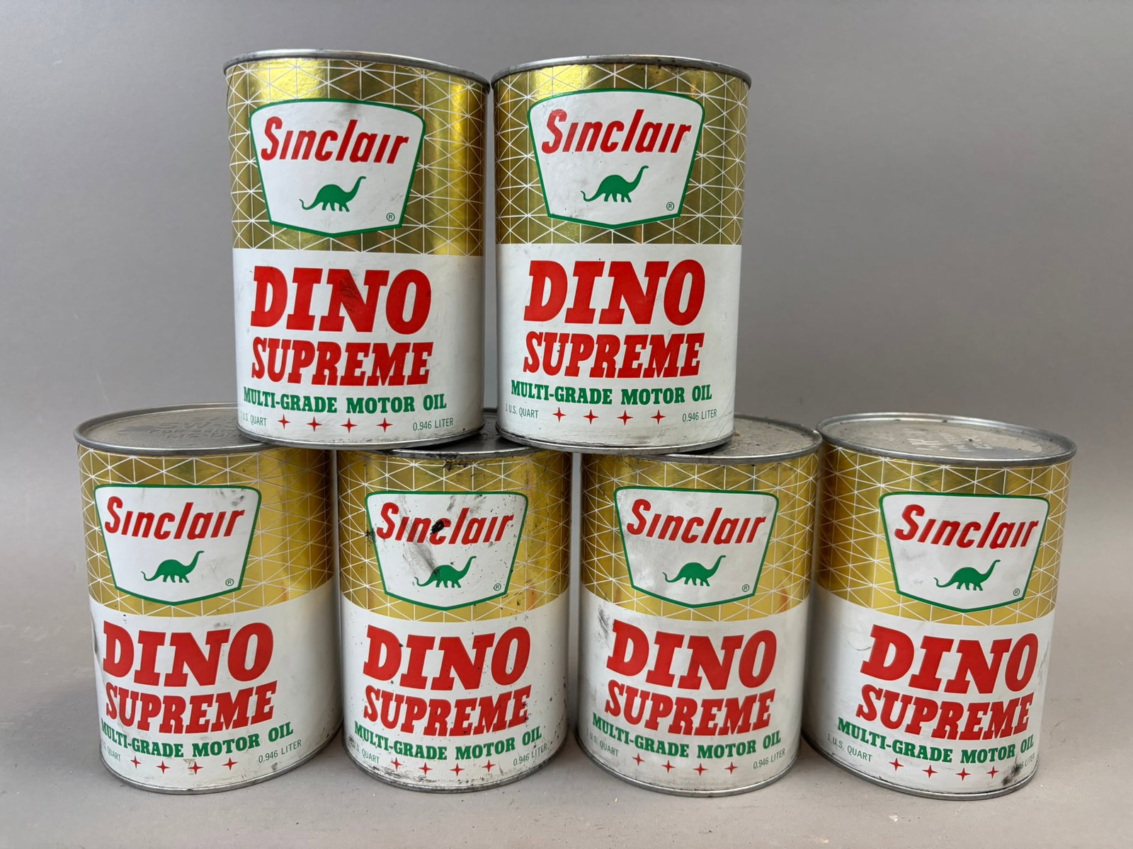 Lot 6 Full Sinclair Dino Supreme Composite Quart Cans w/ Dinosaur: See all photos
