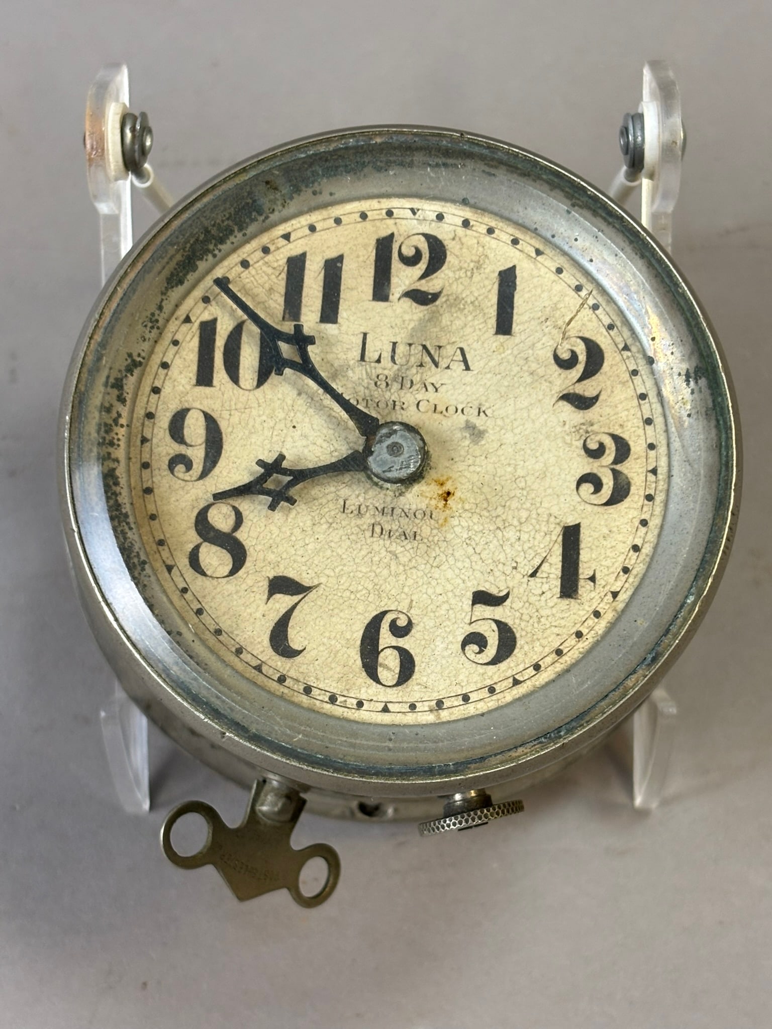 Antique 1920s Luna 8 Day Key Wind Motor Clock w/ Luminol Dial Works: See all photos