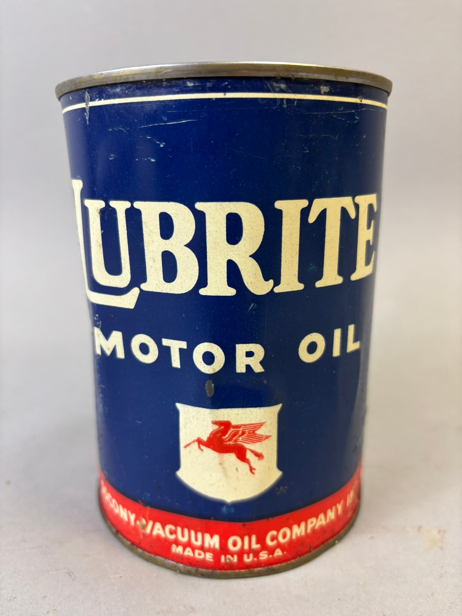 Lubrite Motor Oil Full Socony Vacuum Oil Co Metal Advertising Quart: FULL - see all photos