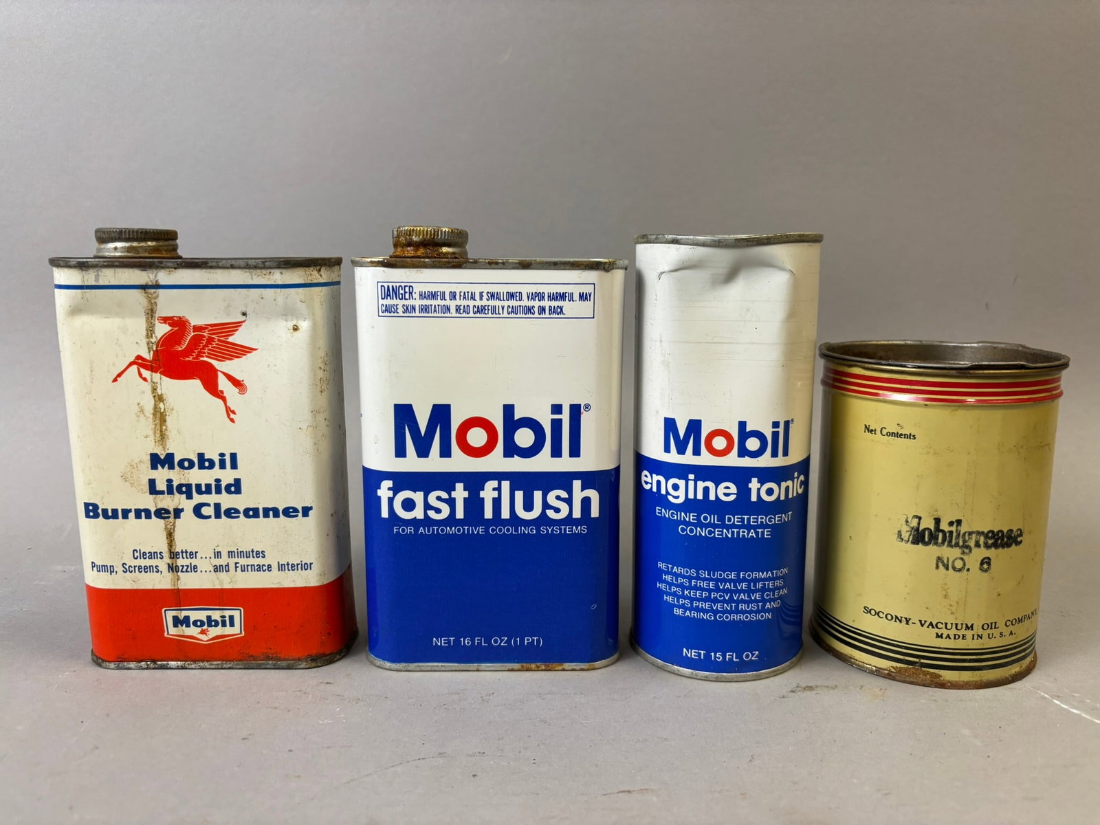 Lot 4 Original Mobil Liquid Bruner Cleaner Fast Flush Engine Tonic Grease Cans: See all photos