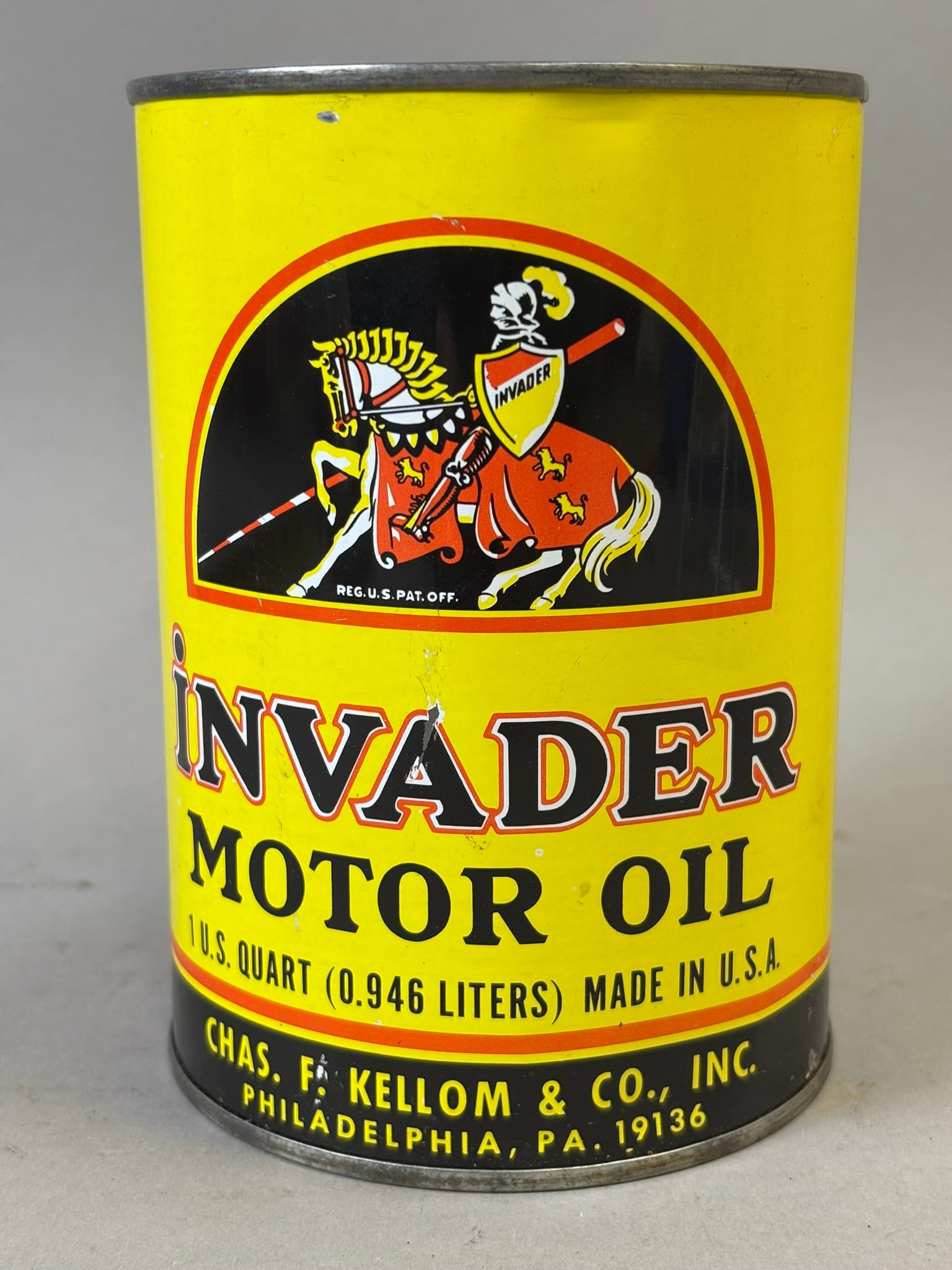 Invader Motor Oil Chas F Kellom & Co Full Metal Quart Advertising Can: See all photos