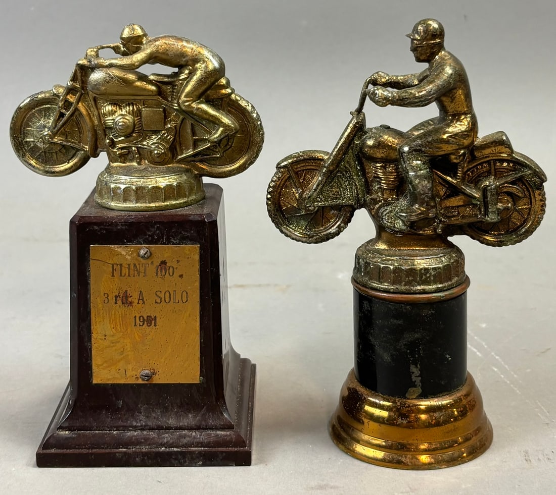 Pair 1950s Original Flint Michigan Motorcycle Flat Tracker Brass Trophies (1 of 13)