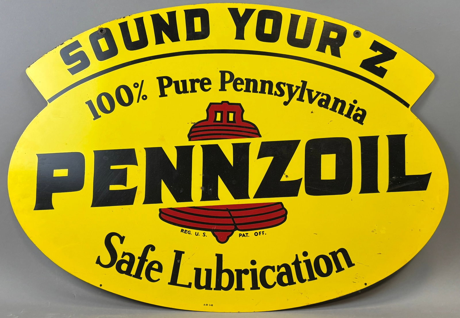 Pennzoil Sound Your Z DST 1968 Painted Metal Hanging Advertising Sign: 31" wide