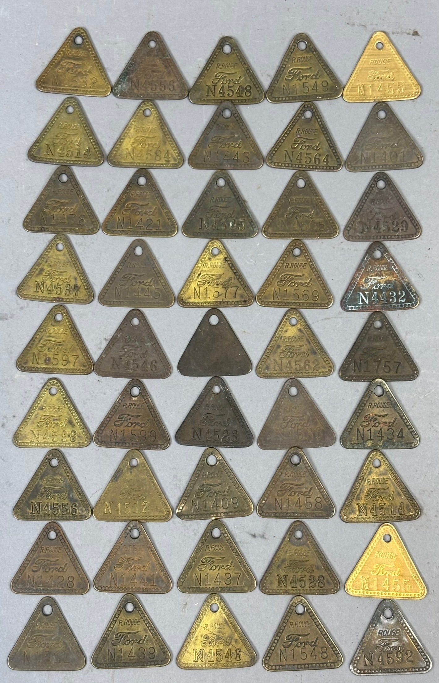 Lot 45 Original Ford Motor Co. Rouge River Brass Tool Check Data Tags: 1.25" - see all photos