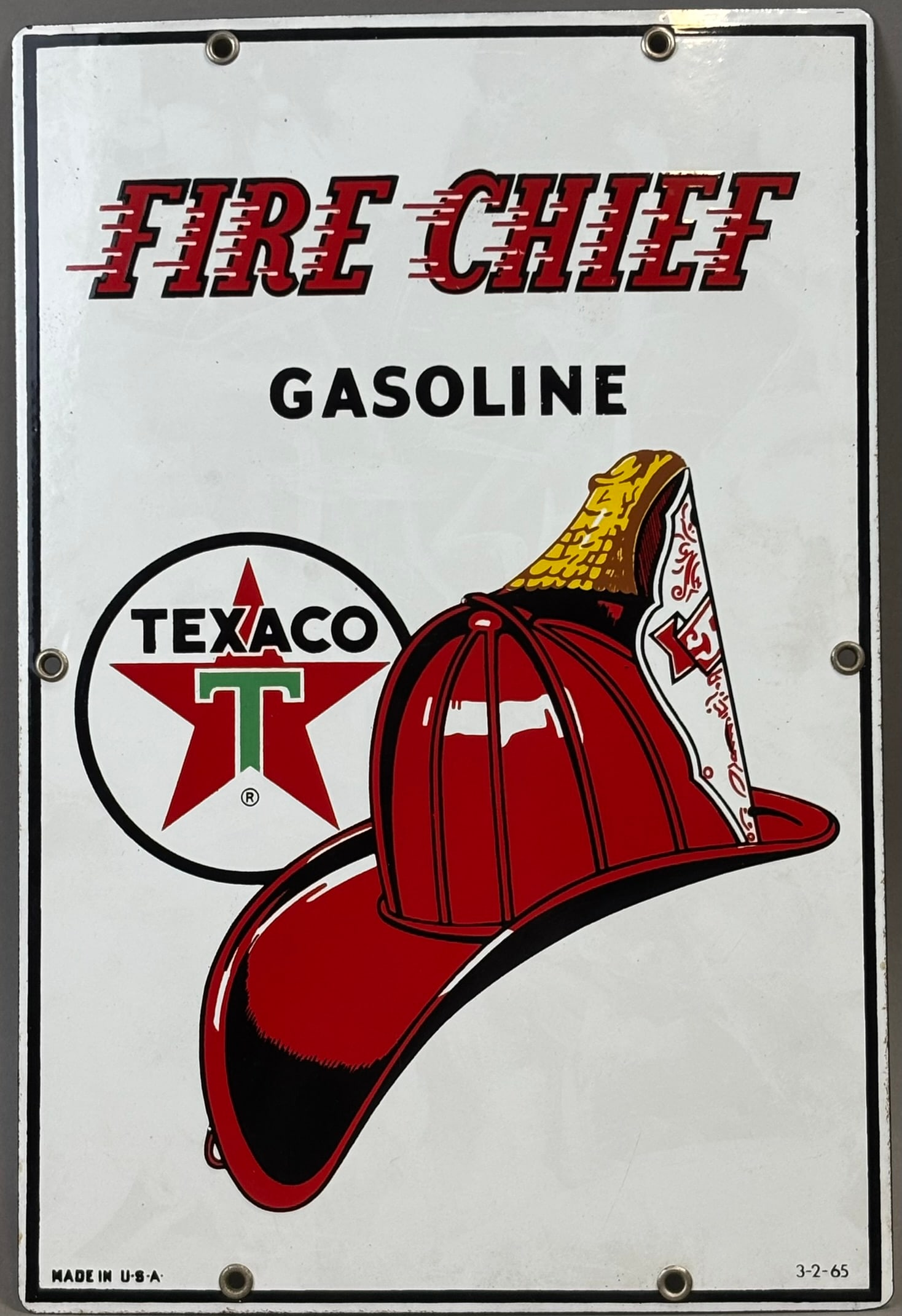 Fire Chief Gasoline SSP 1965 10"x15" SSP Porcelain Advertising Gas Pump Plate: 10" x 15" - dated 3-2-65 made in usa