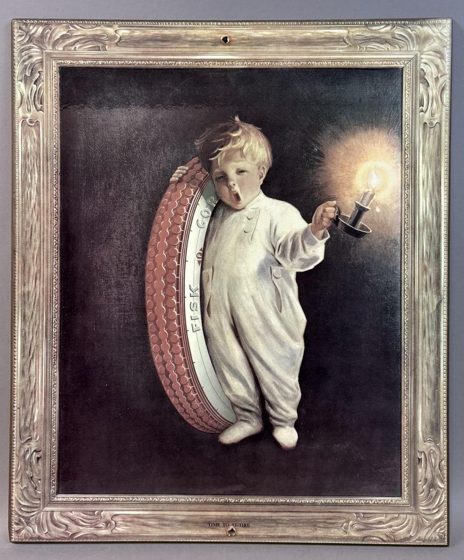 Fisk Boy Time To Re-Tire Original 1920s Easel Back Masonite Board Sign: Sign measures 16" x 19"