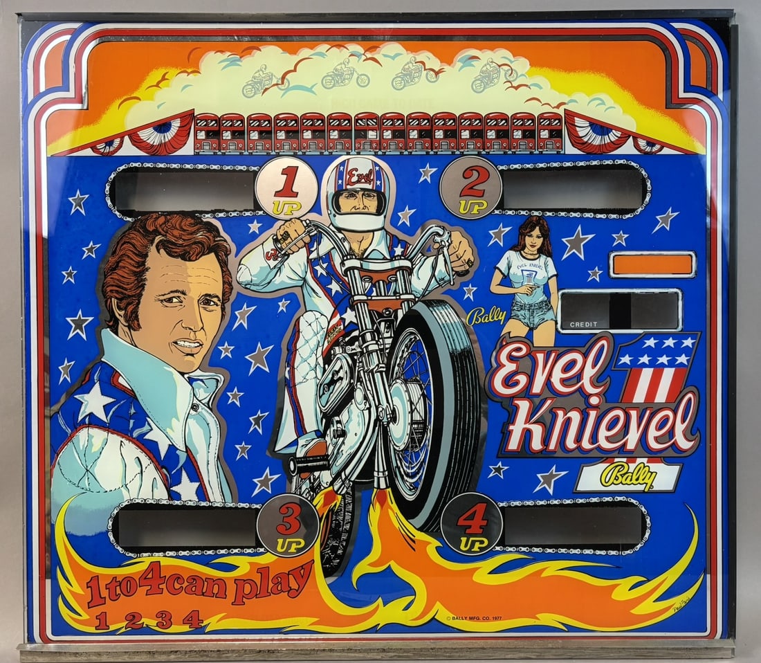 Evel Knievel 1 To 4 Can Play Original Pinball Machine Advertising Glass: 28.5" x 25.25"