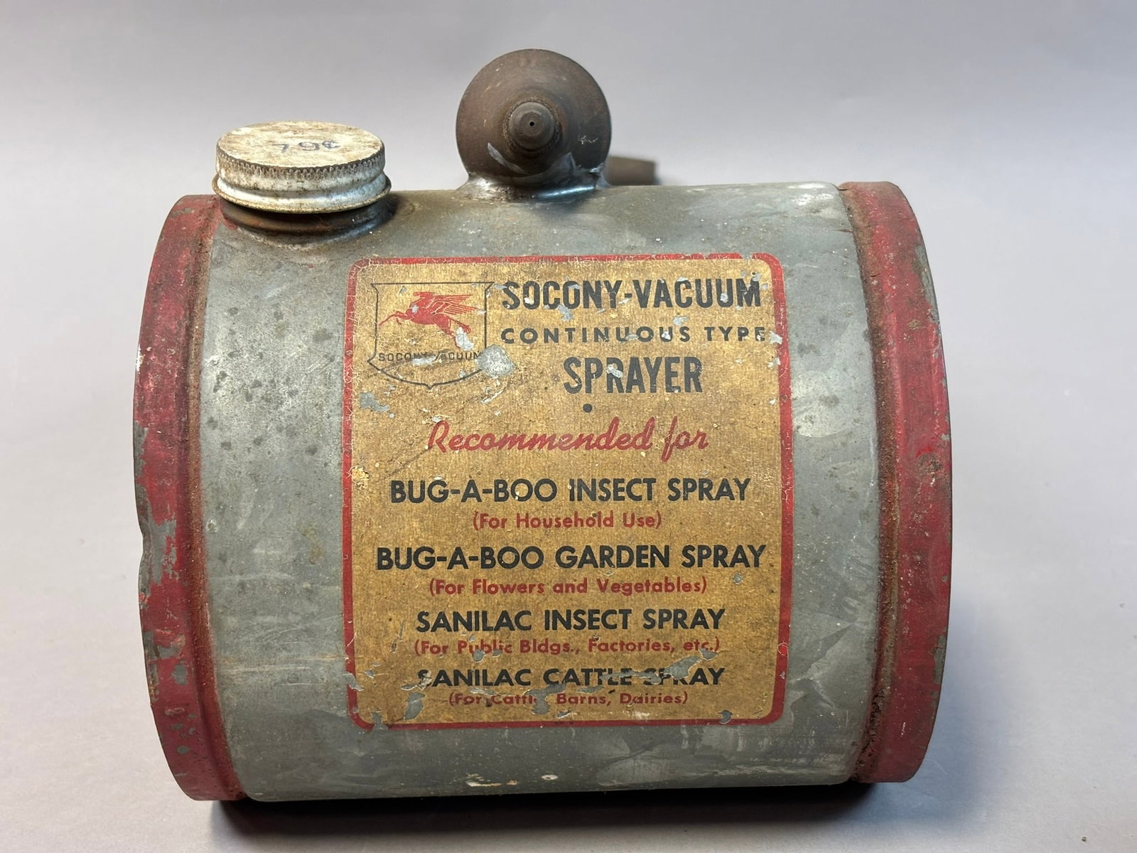 Socony Vacuum Mobilgas Original 40s Bug-A-Boo Sanillac Insect Sprayer Can: 7" x 6.75" x 20"