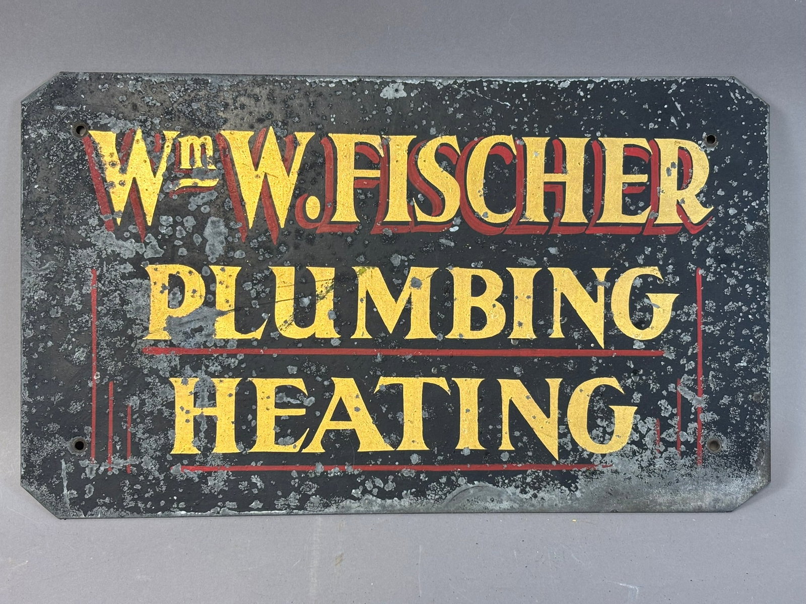 Wm. W. Fischer Plumbing Heating Original Galvanized Painted Metal Sign: 15.25" x 9"