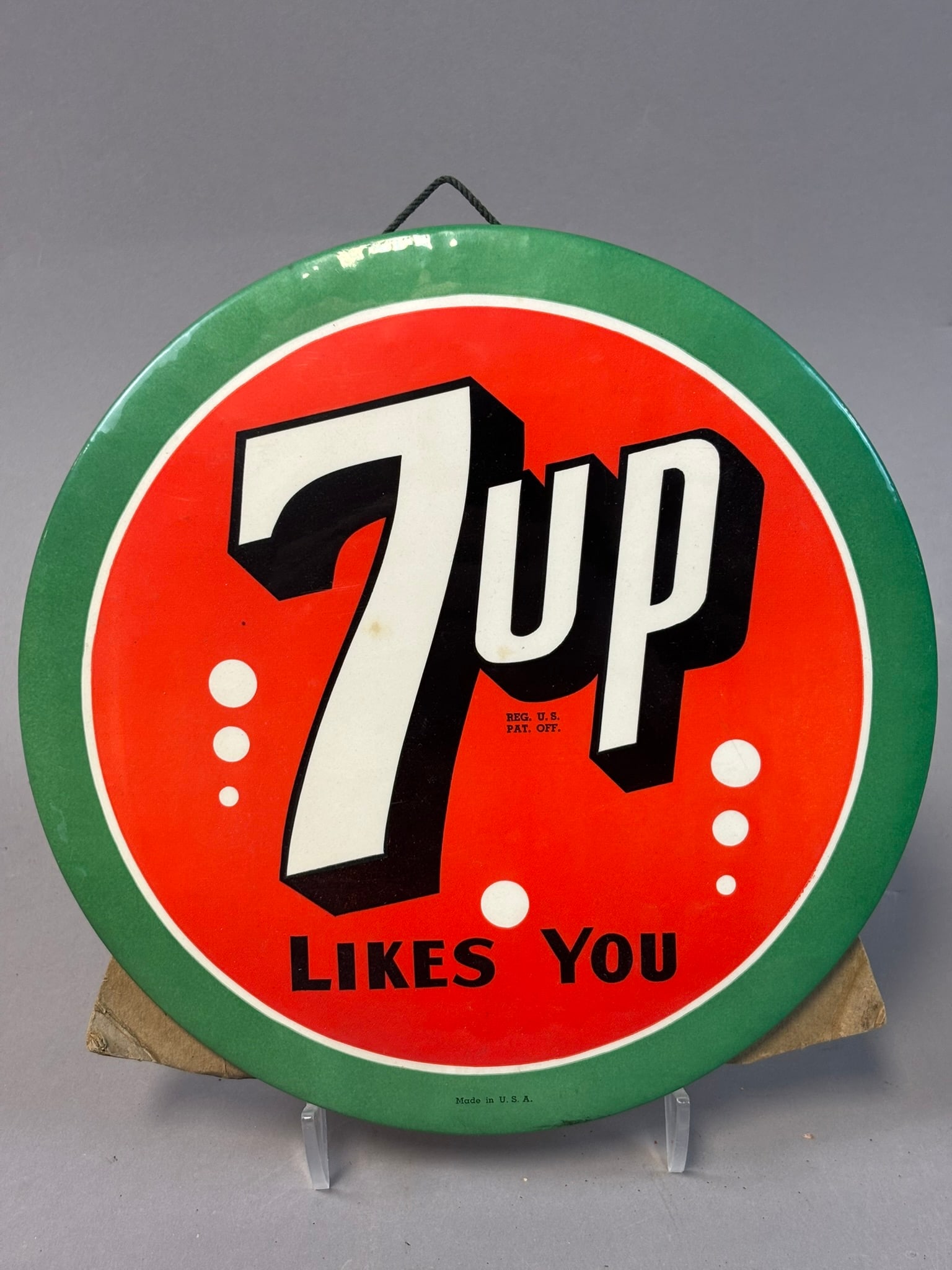 7up Likes You Original Round Celluloid 9" Advertising 7 Bubble Sign (1 of 5)