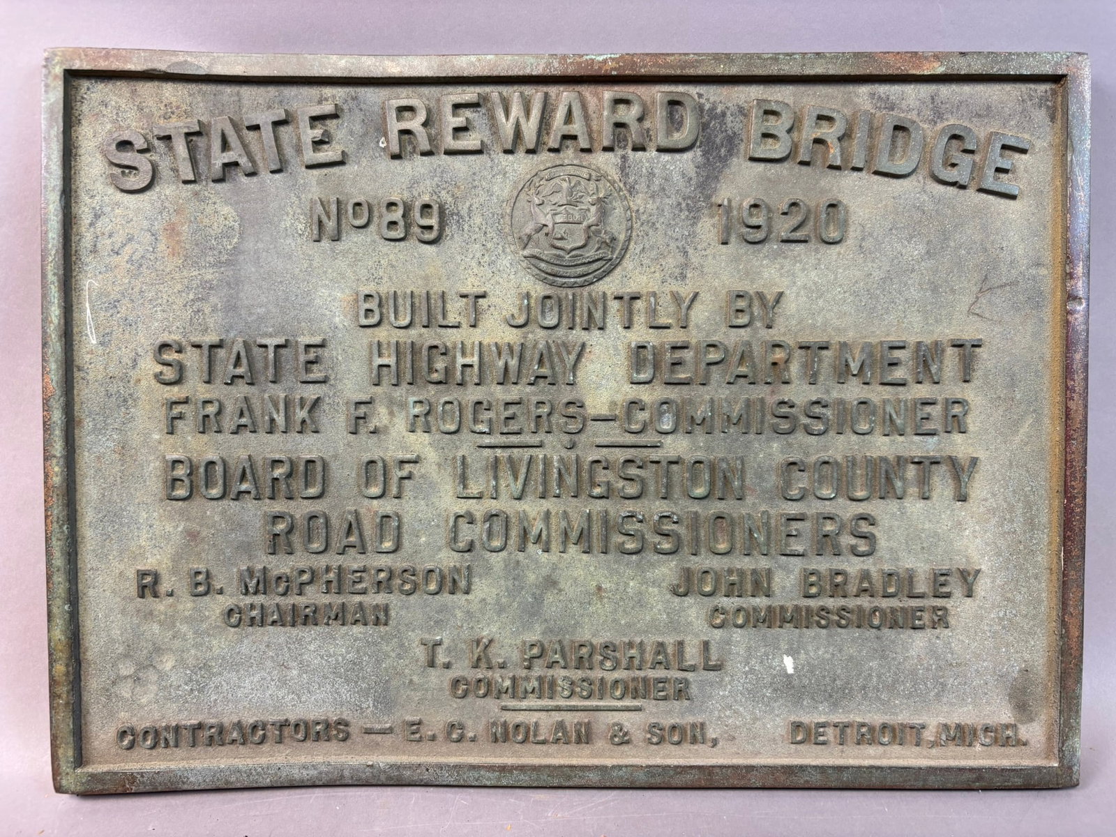 Antique 1920 State Reward Bridge Solid Bronze Detroit Michigan Advertising Sign: 17" x 12" x .5" thick