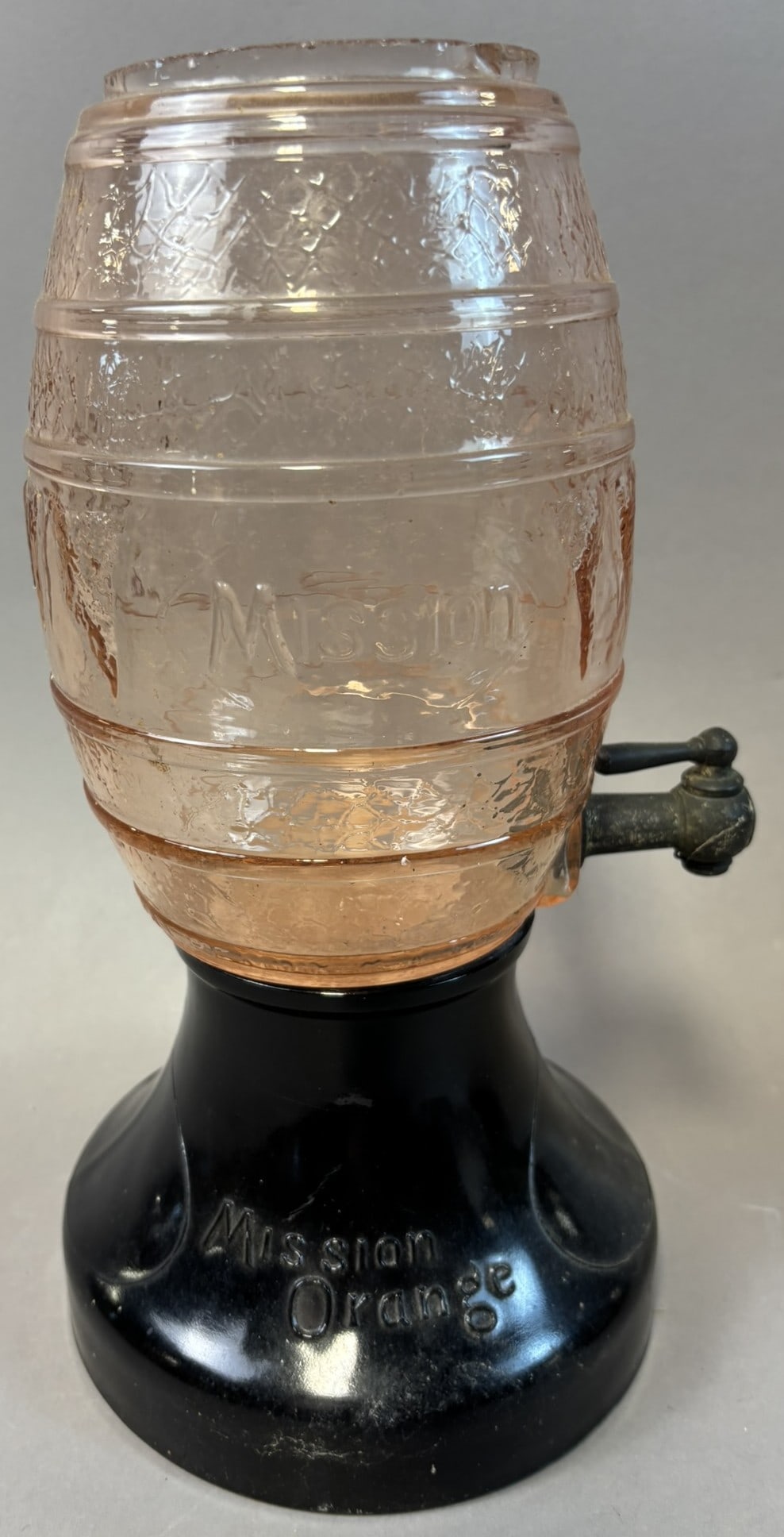 Mission Orange 1920s Pink Depression Glass Soda Pop General Store Dispenser: 13" x 7"