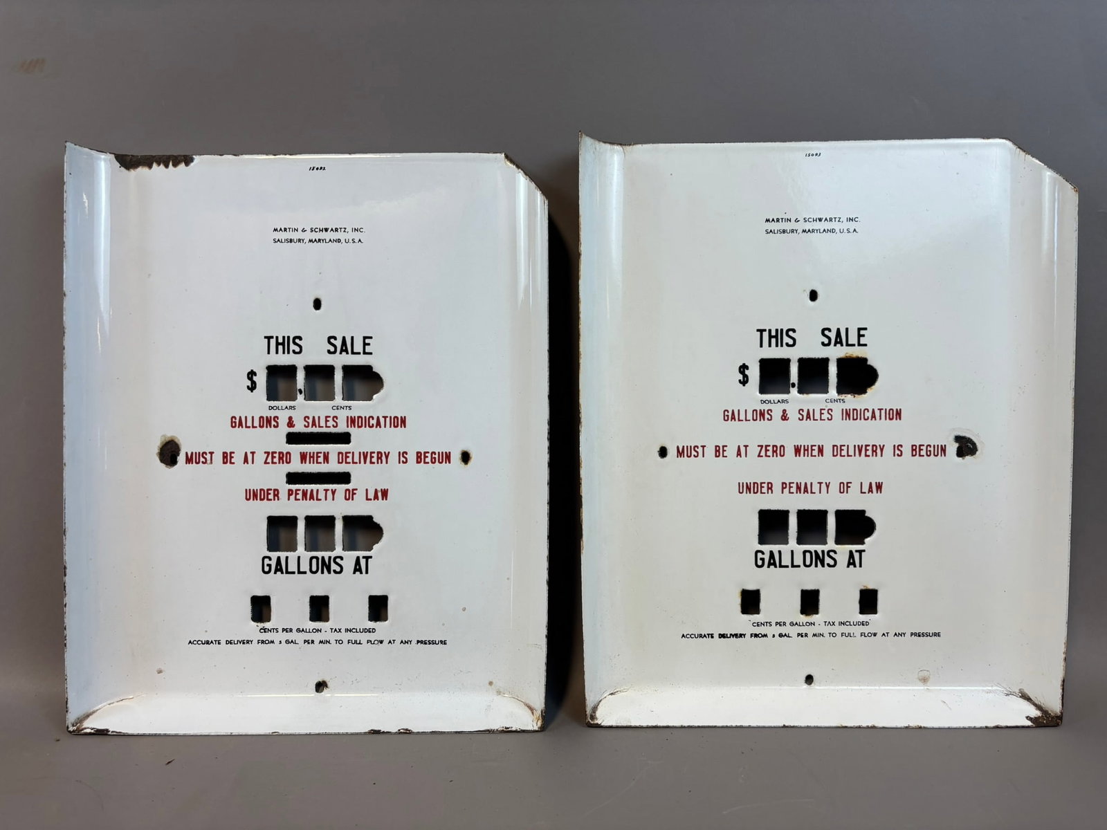 Pair Martin & Schwartz Original Porcelain Gas Pump Gallons & Sales Sign: 12" x 15" x 1.25"