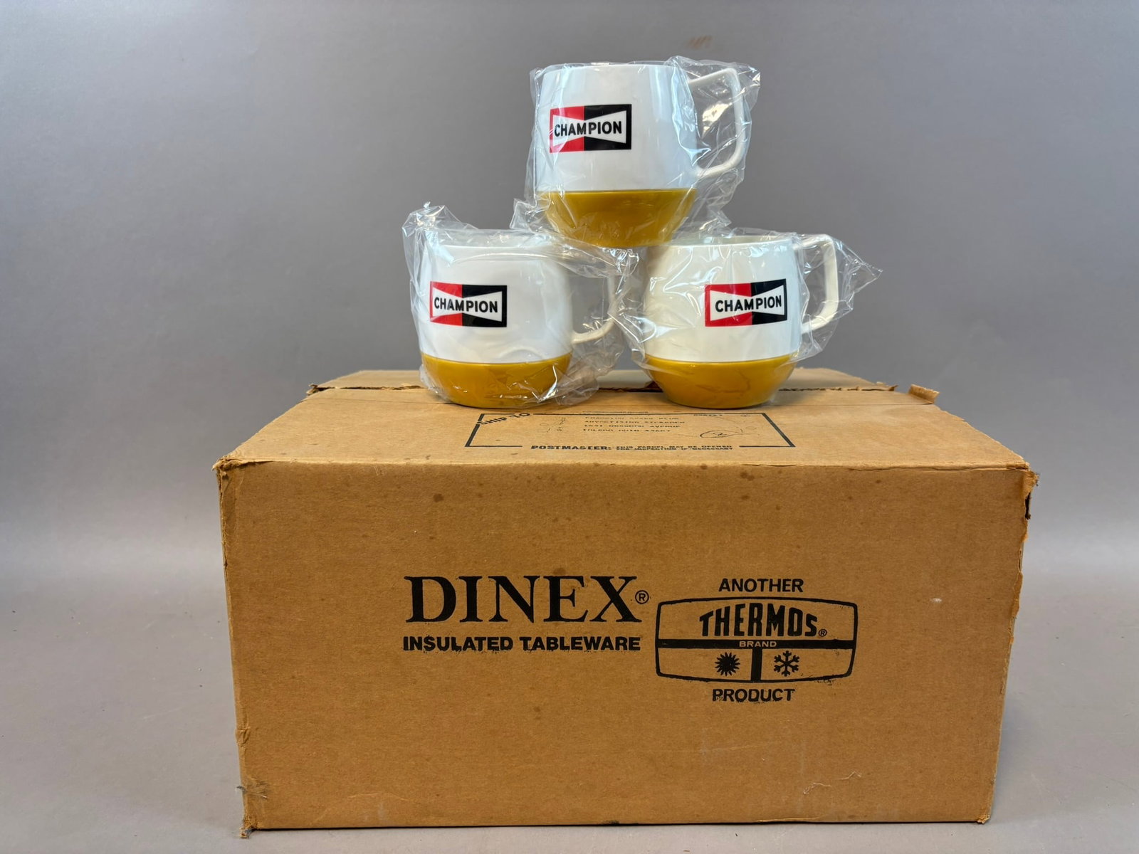 1 Case Original Dinex by Thermos Champion Spark Plug Advertising Coffee Cups: Cups are roughly 3.25" x 3.5"