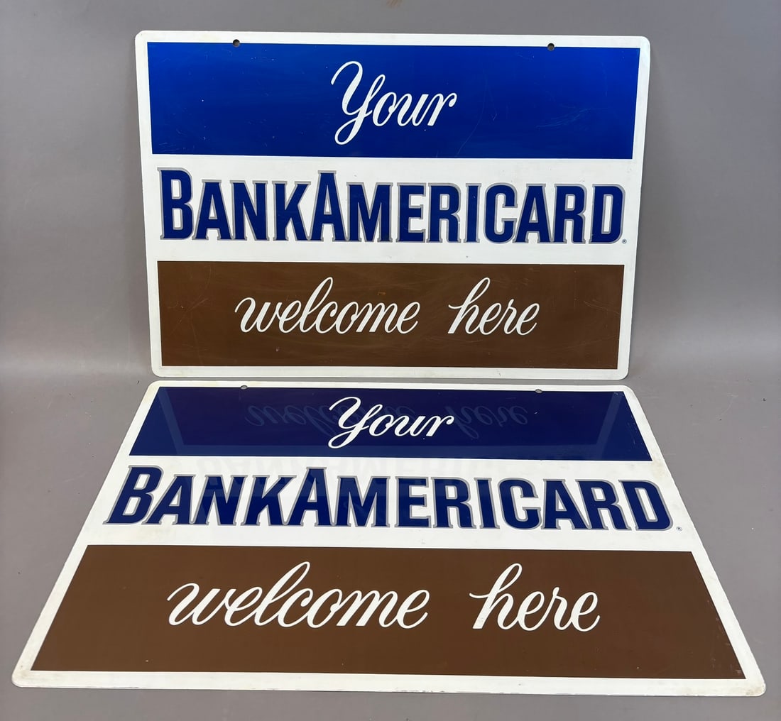 Pair Original 1960s DST Metal Hanging BankAmeriCard Welcome Here Service Sign (1 of 12)