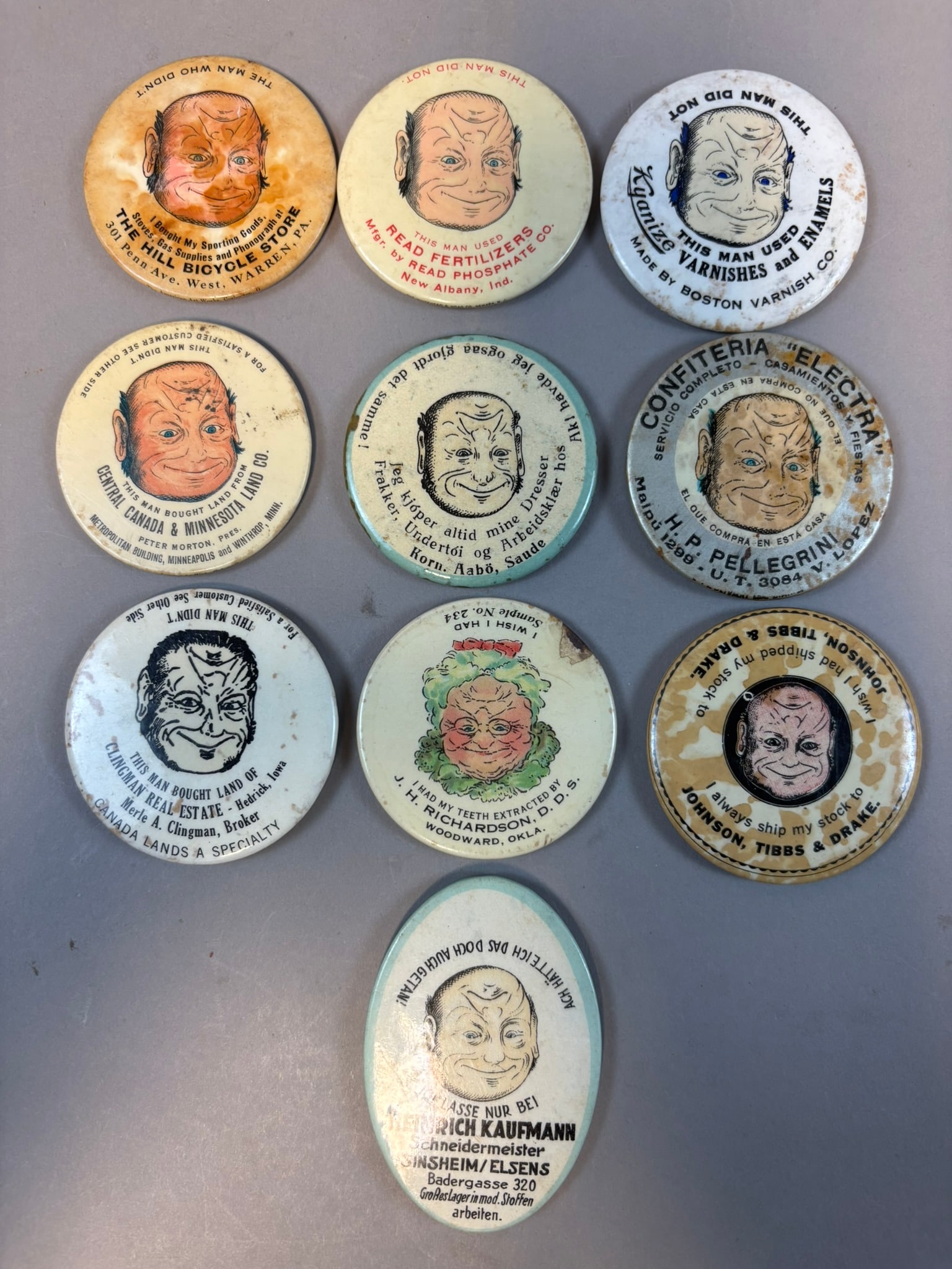 Lot 10 Antique Flip Over Face Smile Frown Celluloid Advertising Pocket Mirror: varying sizes 2.125" to 2.75" overall width - see all photos