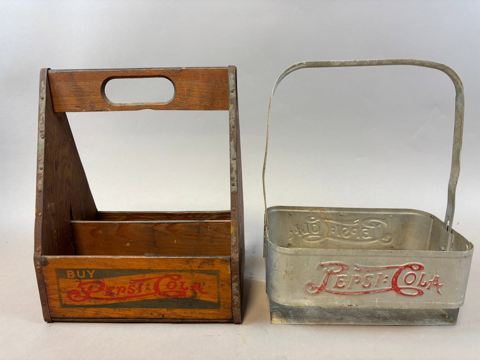 Pair Pepsi Cola Wooden Double Dot & Metal Embossed Soda Pop Drink Carriers: See all photos