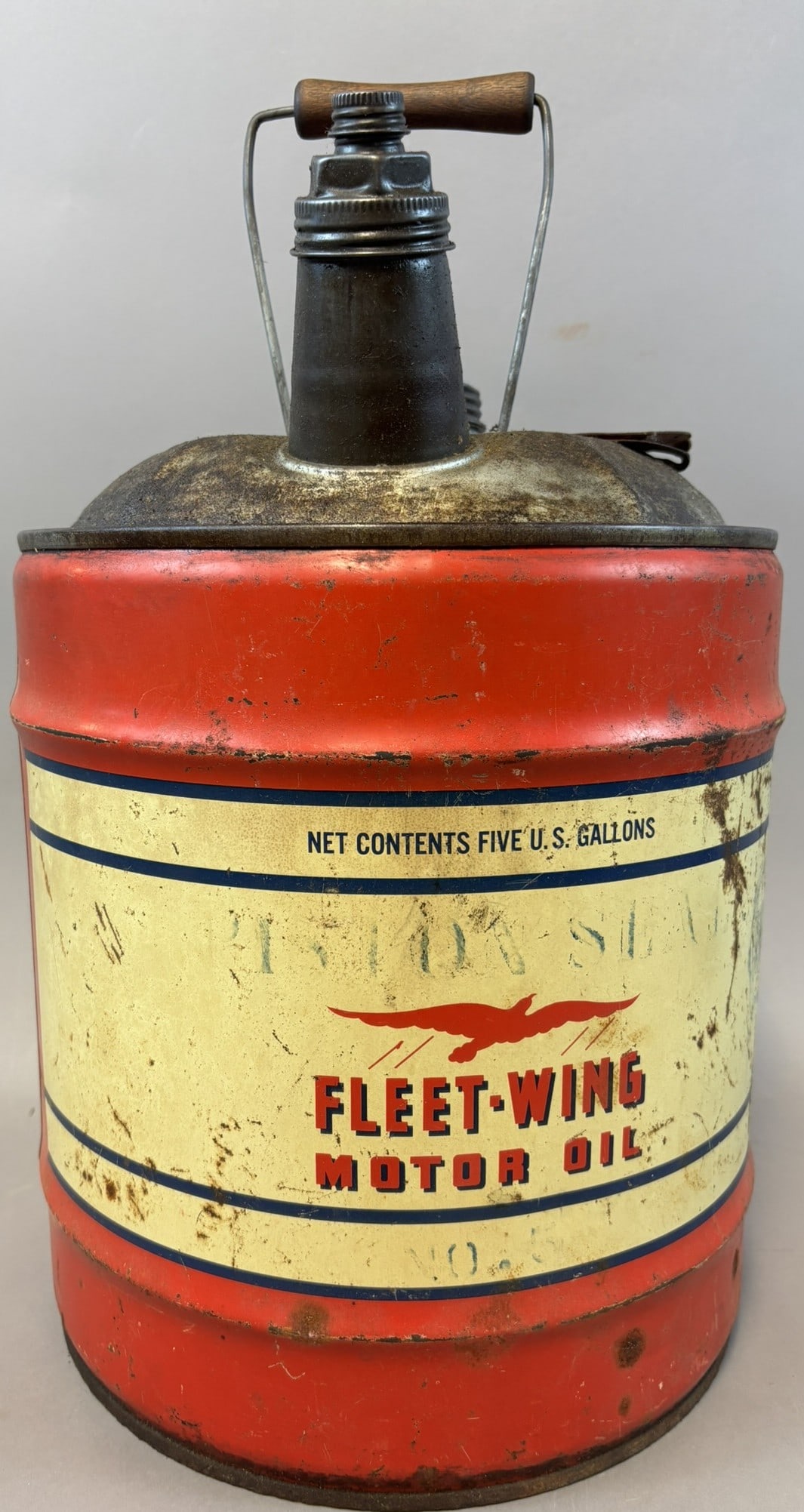 Fleet-Wing Motor Oil Original 5 Gallon Metal Can w/ Wooden Bail Handle Full: 11" x 17" plus handle