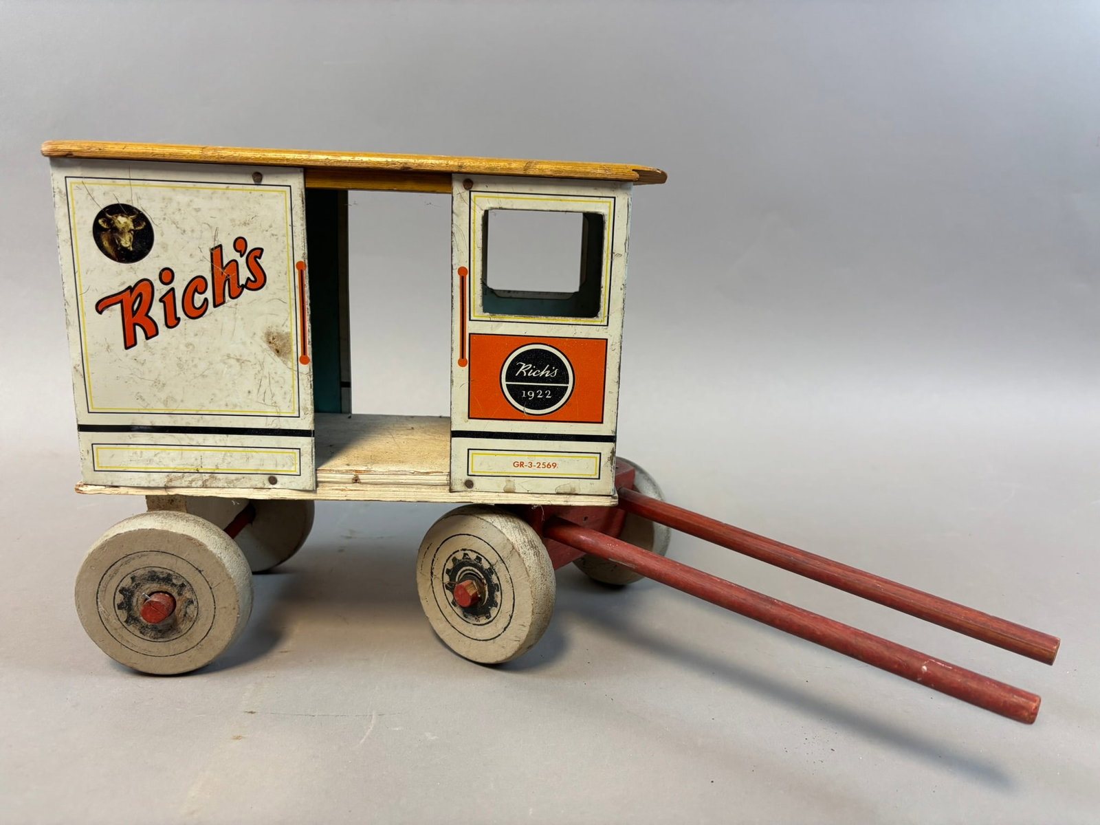 Antique 30s Rich's City Dairy Original Tin Litho & wood Horse Drawn Pull Toy: 10" x 4.25" x 9"