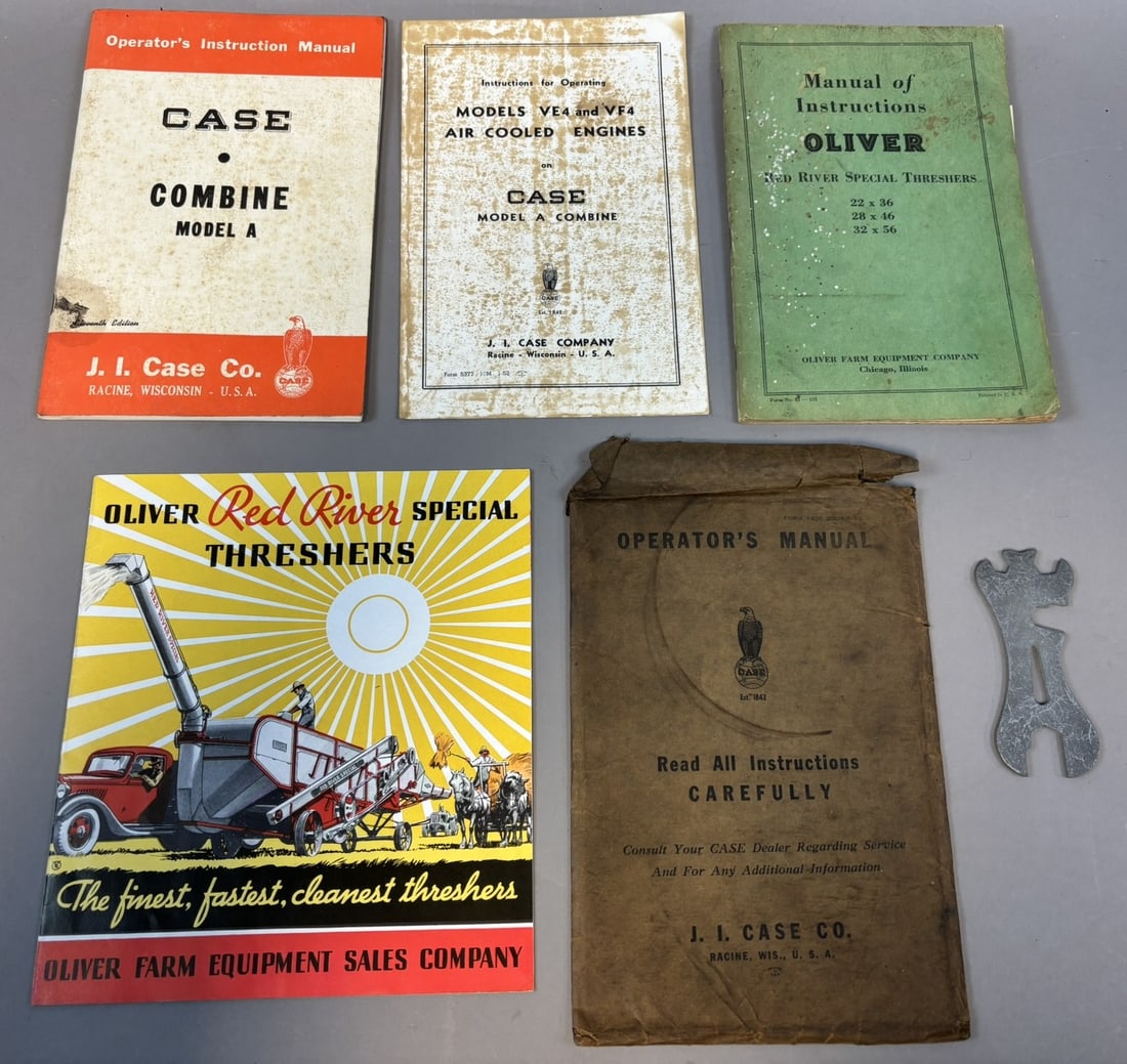 Lot 5 Case Instruction Manuals & Oliver Red River Special Threshers Booklets Guides: 6" x 9" to 8" x 9" in size overall