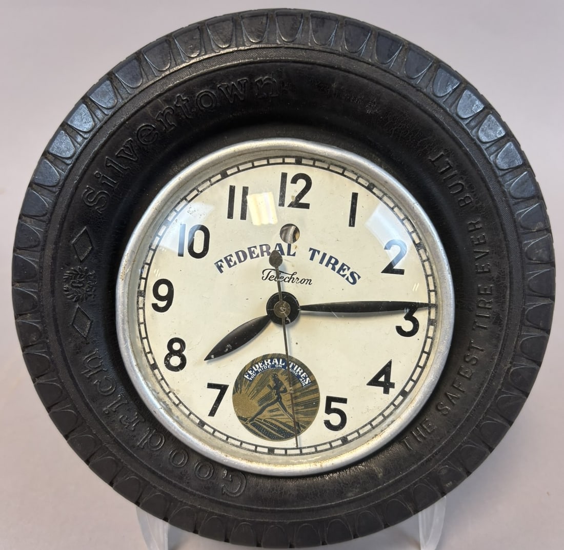 Federal Tires 1930s Telechron Electric Advertising Clock w/ Rubber Tire: 6.5" x 2" - non working