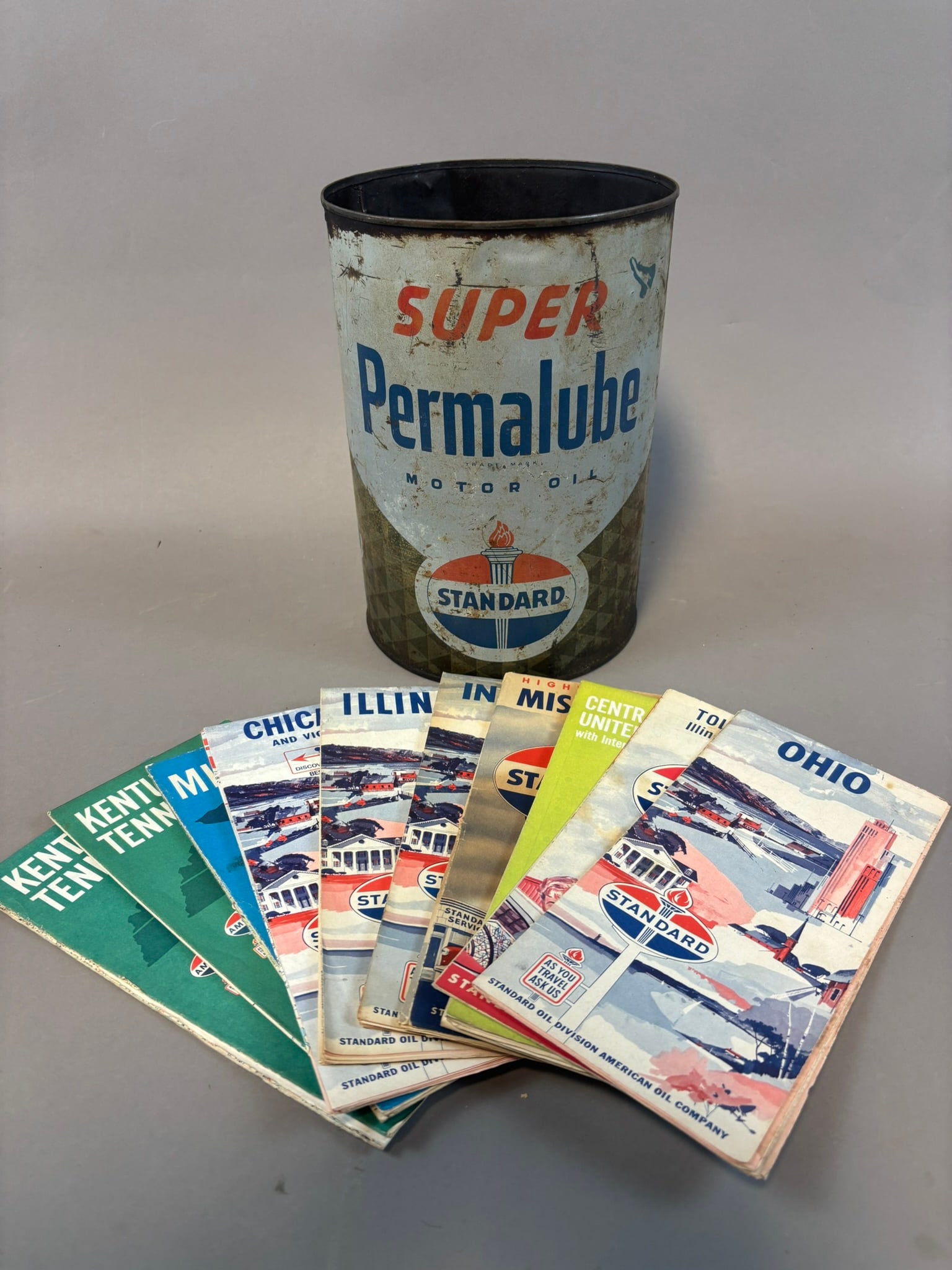 Standard Oil Lot 11 Items (10) Service Station Maps & (1) 5 Quart Motor Oil Can: See all photos