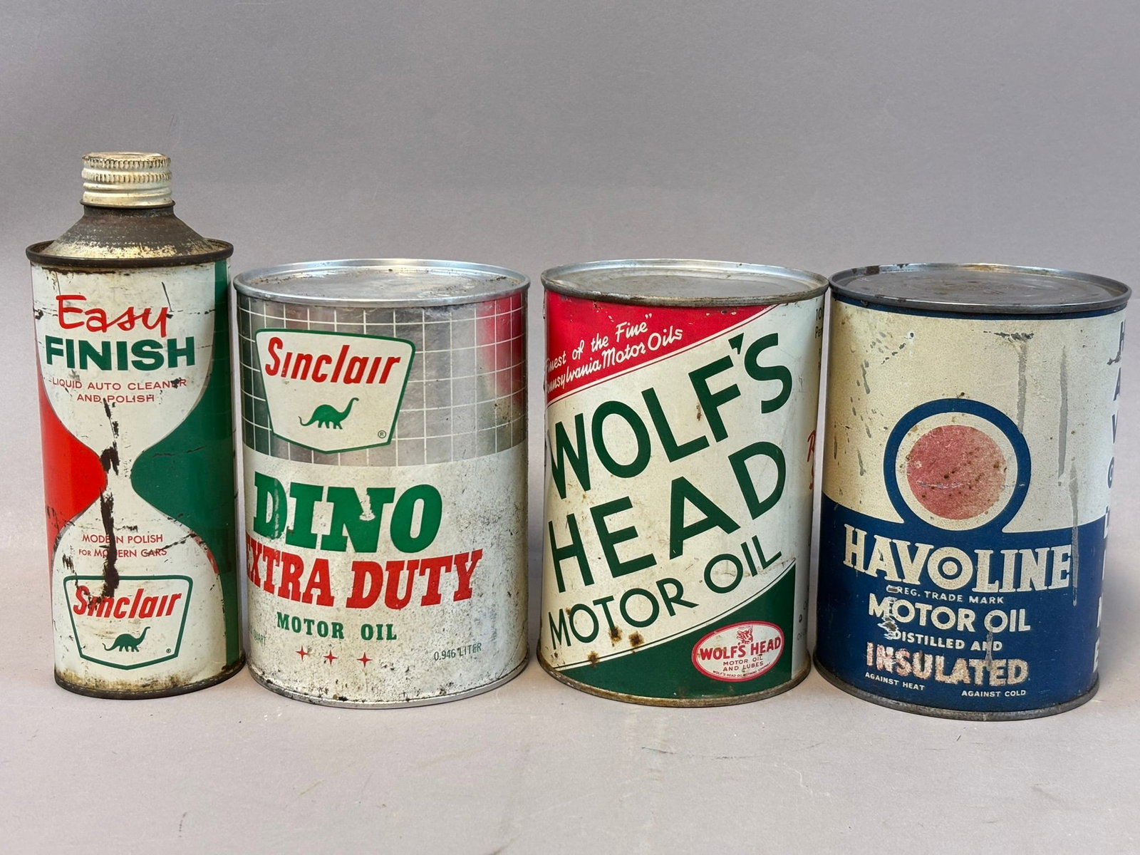 Lot 4 Full Vintage Sinclair Wolfs Head Havoline Quart Cans Easy Finish Cone Top: See all photos