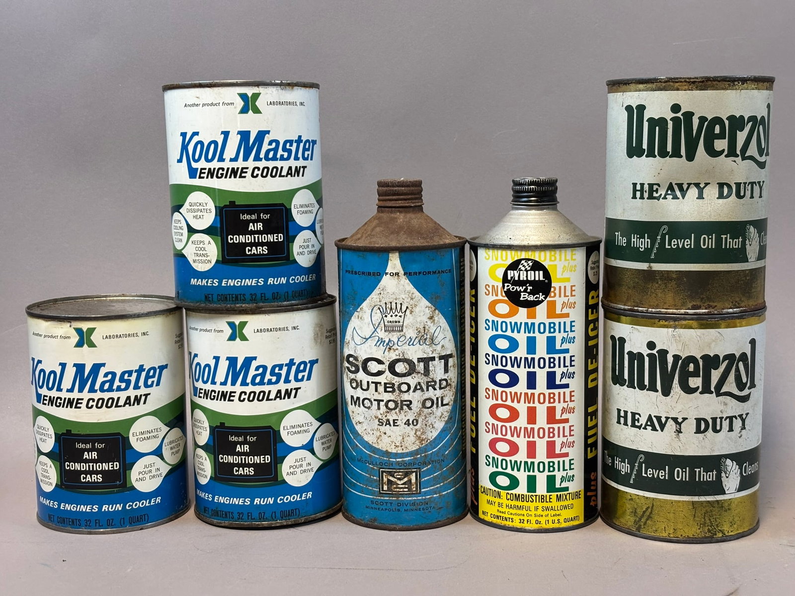 Lot 7 Kool Master Univerzol Heavy Duty Scotts Outboard Pyroil Cone Top Cans: See all photos